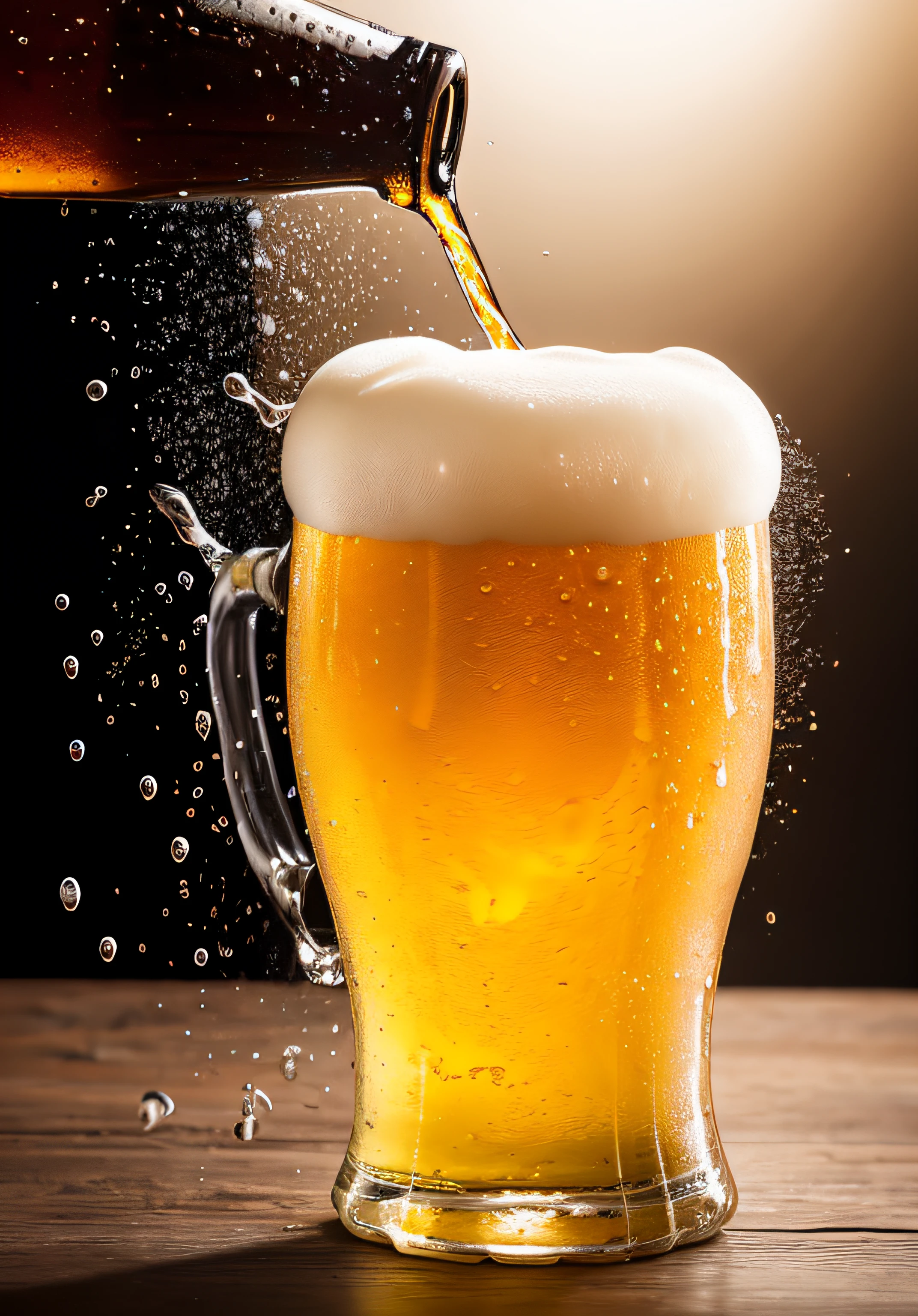 A glass pouring beer, foaming, lots of white foam, foam explosion, drops explosion, cold beer, glass with bubbles due to cold, glass only, yellow beer, white background, suspended in the air, high brightness, wet watermarks, excessive detail, surrealism, soft light, studio lighting, diffuse soft light, shallow depth of field, sharp focus