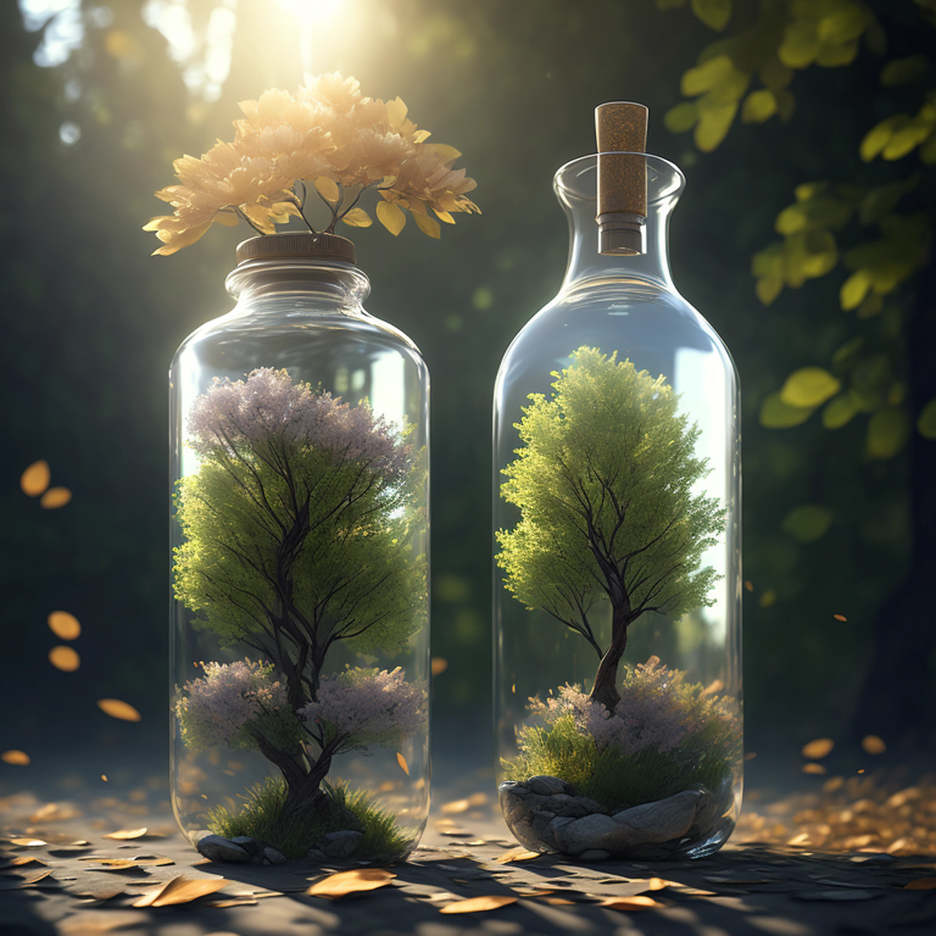 dreamlikeart tree in a bottle, fluffy, realistic, photo, canon, dreamlike, art, colorfull leaves and branches with flowers on top of its head. hyperdetailed photorealism by greg rutkowski - h 1024 w 804 | f 1 6 lens mark 2:2 s 3555 mm film grain :1 lifelike high res sharp focus contrast!! intricate detailed atmospheric light refraction lighting unreal engine 5 cinematic concept photography masterpiece octane render trending at cgsociety rendered as