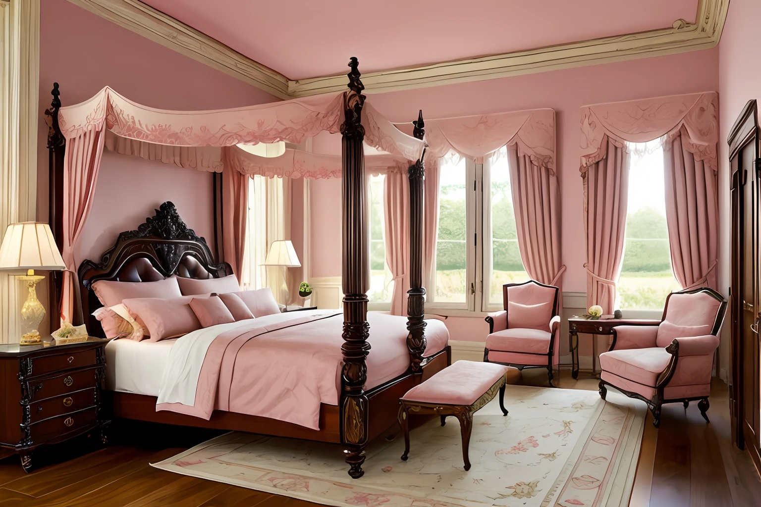 princess room,peach-toned walls,large windows where soft light enters,baroque mirror,{canopy bed,carved woods and heavy embroidered fabrics}pink-toned mood lighting,classic baroque purple armchair,((masterpiece)),( ultra detailed), (intricate details), Furniture must be antique, baroque style, heavy, carved solid wood