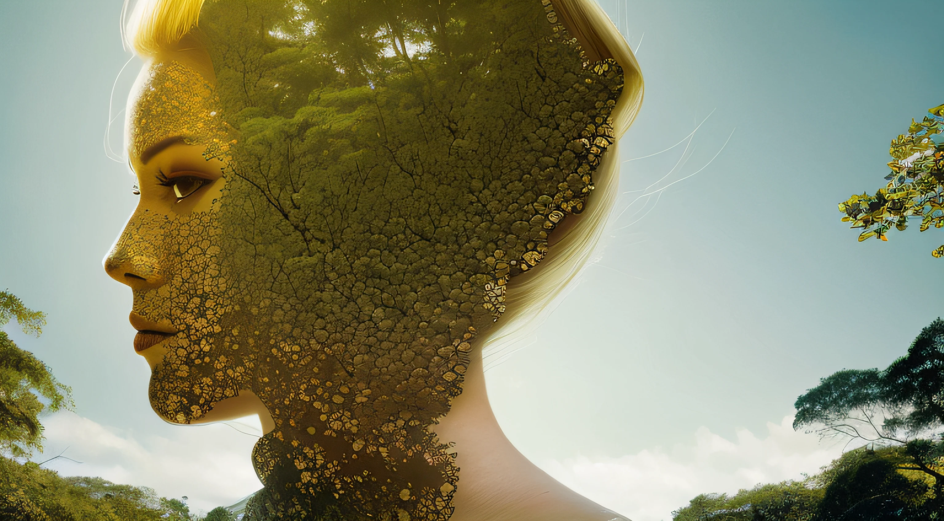 Double Exposure Merged Portraits,(Double exposure effect:1.3) of (Blonde Tiki Beauty Girl portrait :1.2) (silhouette:1.1) superimposed against Amazon Forest, by Dan Mountford, by Dan Hillier, soft colors, negative space, photoillustration --auto