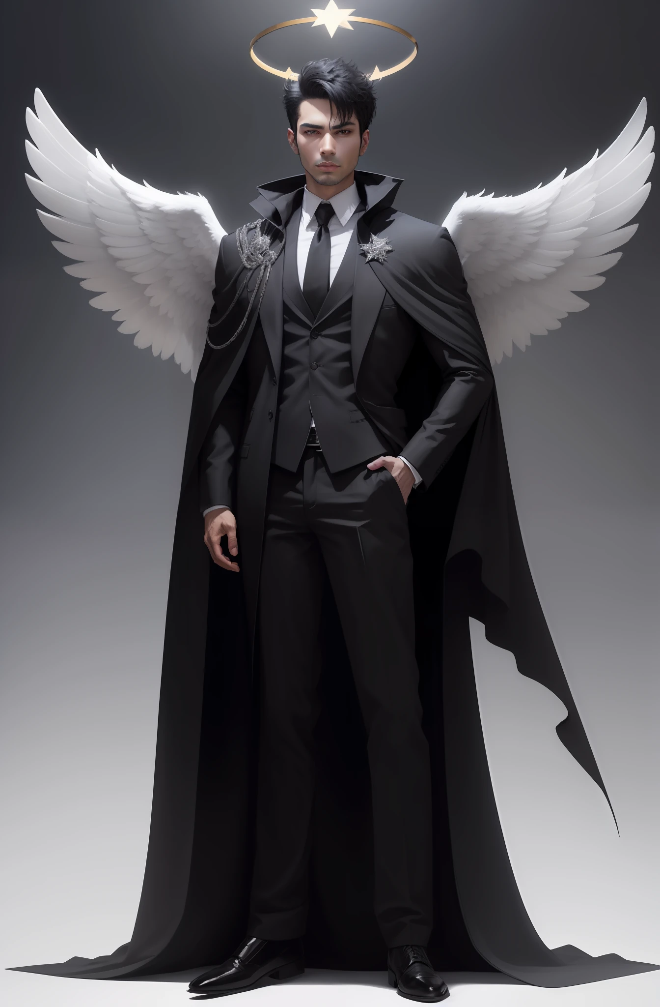 arafed image of a man dressed in a black coat and cape, full - body majestic angel, winged human, full body character portrait, male with halo, character full body portrait, angel with black wings, lucifer, fullbody portrait, black wings instead of arms, full-body character portrait, super wide angel, wide angel, lucifer the star, full body portrait