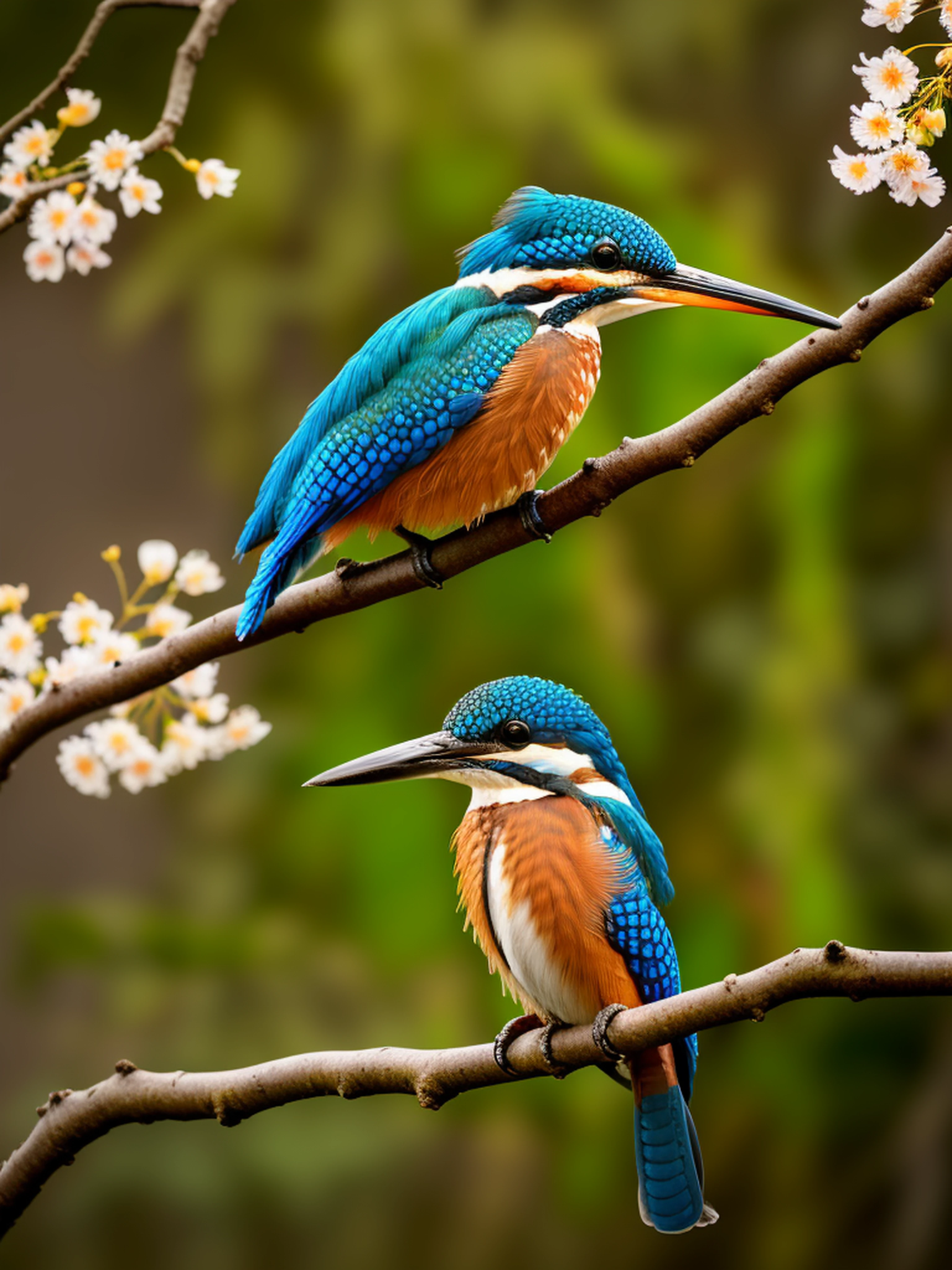 superb kingfisher on a branch near budding white cherry flowers, dark, dawn, (chilly early morning:1.1), (morning dew:1.15), realistic photography, (low-key photograph:1.2), detailed, 8k, intricate ruffled feathers, water droplets on the feathers, (to8contrast style), (mist:0.7), vivid colors, Sony a6600 Mirrorless Camera, embellish2
