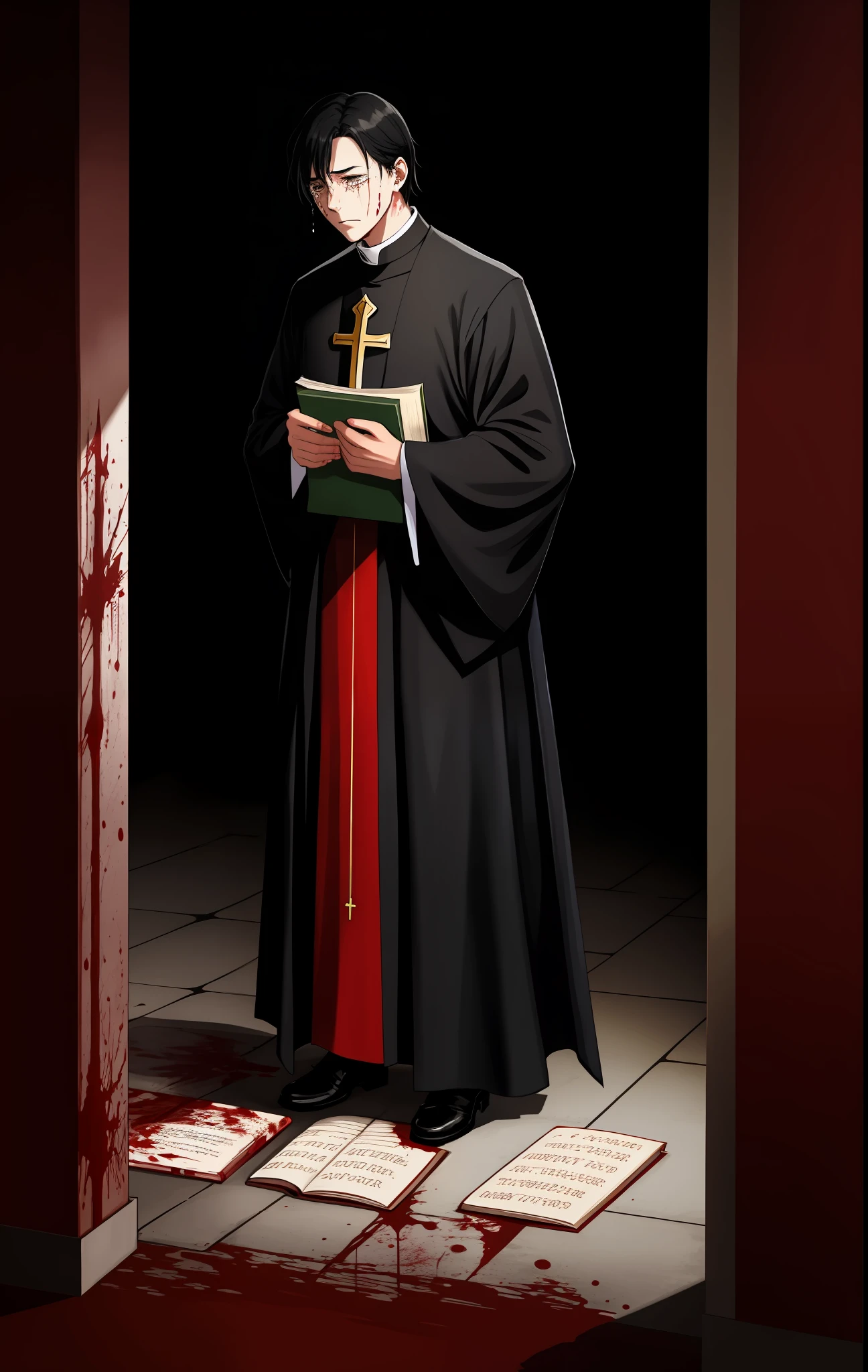 Priest with bloody soiled clothes, crying, holding a blood-stained book, dark aura, black hair, tall man