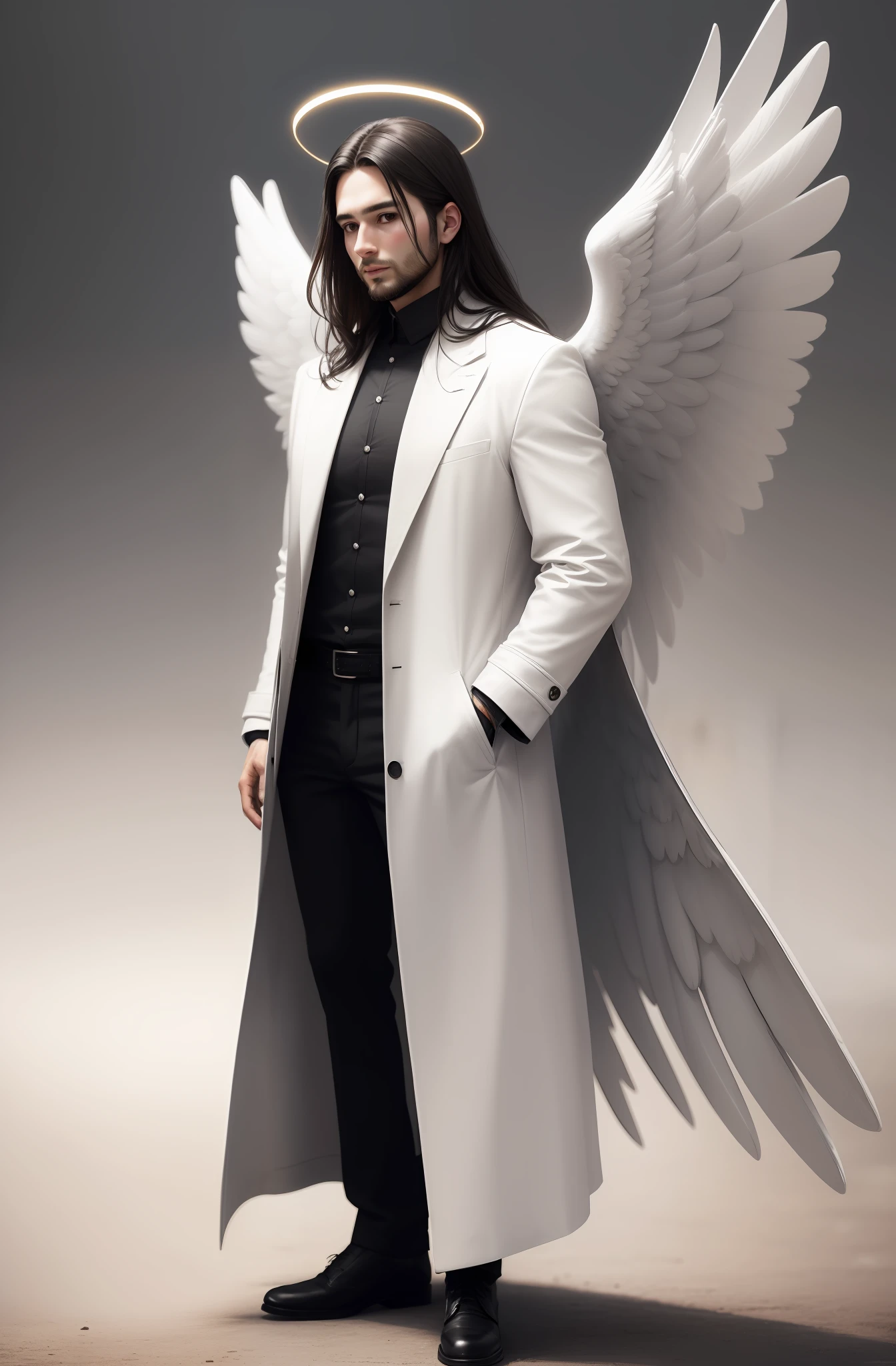 Angel, man, 30 years old, white, with large wings, wearing a Moron overcoat, in one hand a golden halo, ultra realistic HD full body image, dark cute hair,