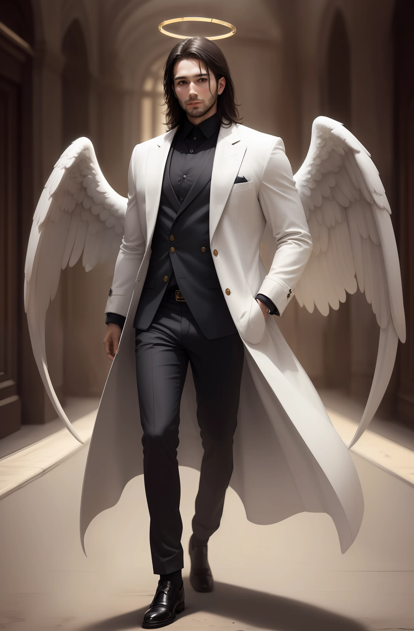 Angel, man, 30 years old, white, with large wings, wearing a Moron overcoat, in one hand a golden halo, ultra realistic HD full body image, dark cute hair,