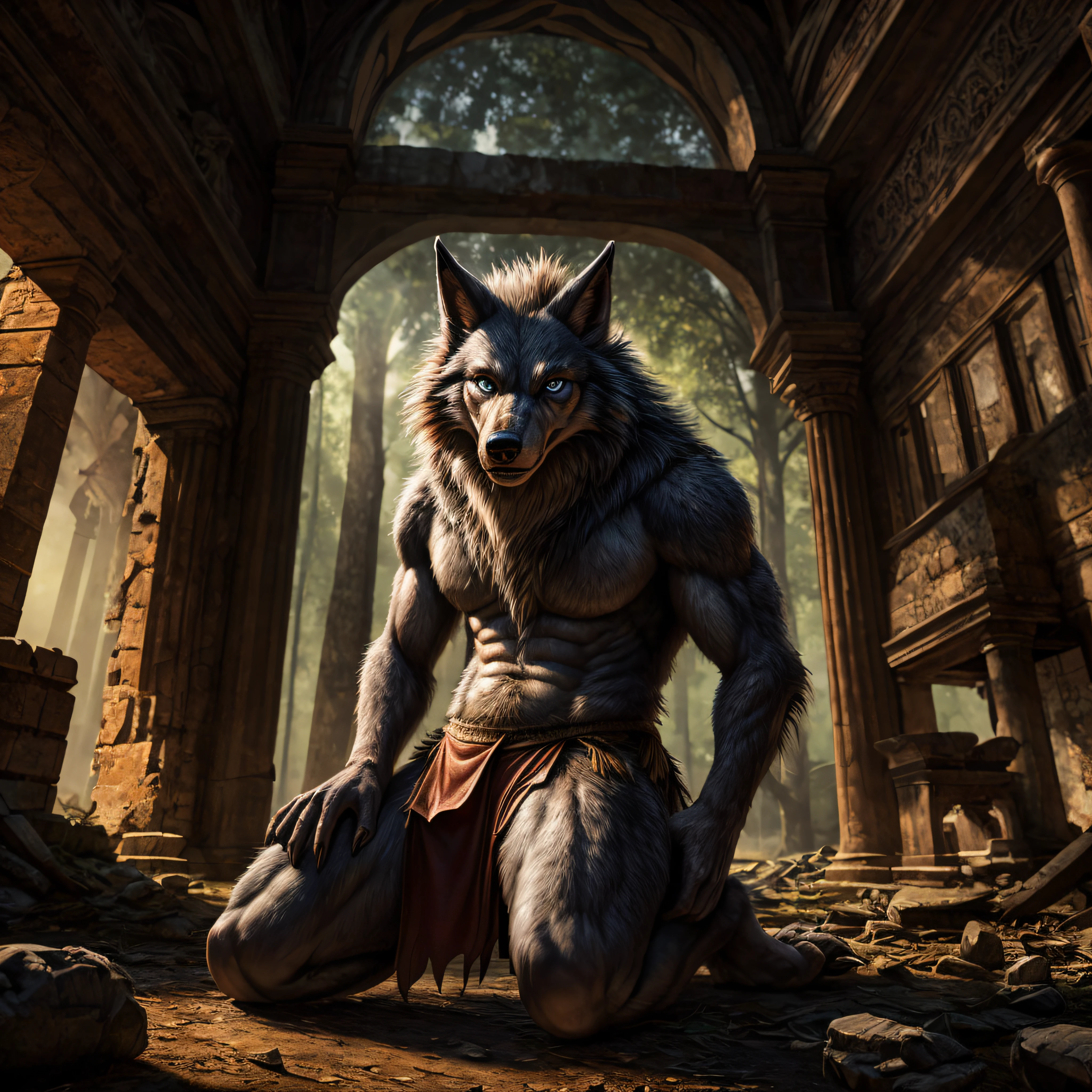 (solo, kneeling slim male lycan with gray body:1.4: detailed eyes, detailed hands, gray eyes,greasy fur, scarred body, ragged brown loincloth),(high detailed background),(realistic description of body, extremely realistic hands),(8k hd, ultra-detailed),(wide dynamic range,hdr),(ruins in forest, inside, dark),(looking at viewer)