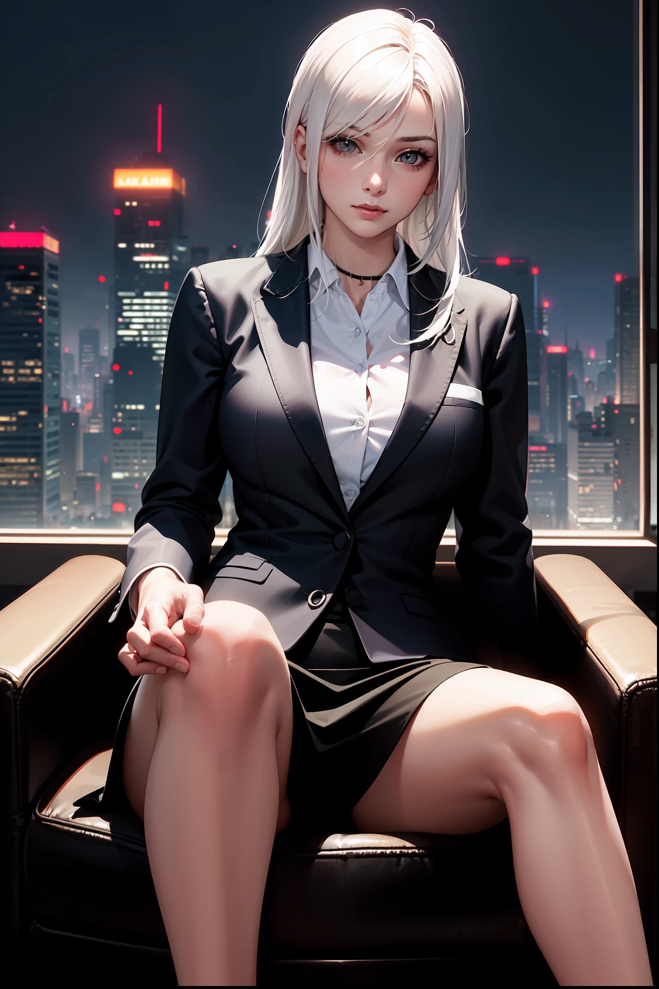 (masterpiece:1.3), (8k, photorealistic, RAW photo, best quality: 1.4), (1girl), beautiful face, (realistic face), Nice hairstyle,Realistic Eyes,Nice detail eyes,(Realistic Skin),Beautiful Skin,Ridiculous,attractive,Ultra high Resolution,an ultra realistic,RAWExtremely detailed,golden proportions,全身写真, Woman wearing business outfit, formal blazer, white blouse, high waist business skirt, beautiful, masterpiece, best quality, perfect lighting, (white hair:1.4), long hair, (grey eyes:1.2), slender build, thin, medium breasts, business woman, ceo, sitting in luxurious black office chair, giant modern window with view of nighttime cyberpunk city skyline in background, close up, night, (cyberpunk city background:1.2), (Hazy sky:1.2), (Dim red sun:1.3)