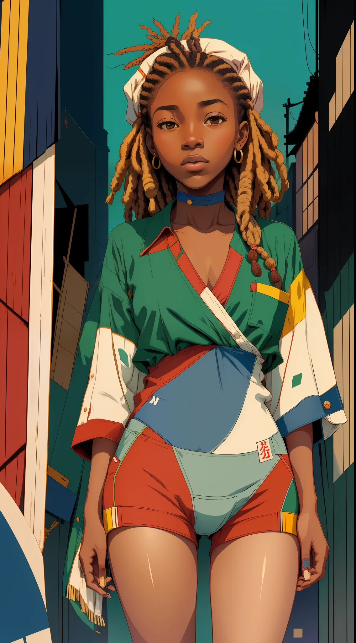 yoshitomo nara:1.5, wes anderson:1.3, new casualism, retro, minimalism (1 african girl with dreads hair and vintage clothes) sexy, cameltoe,abstract minimalist background,yoshitomo nara:1.5, wes anderson:1.3, new casualism, retro, minimalism