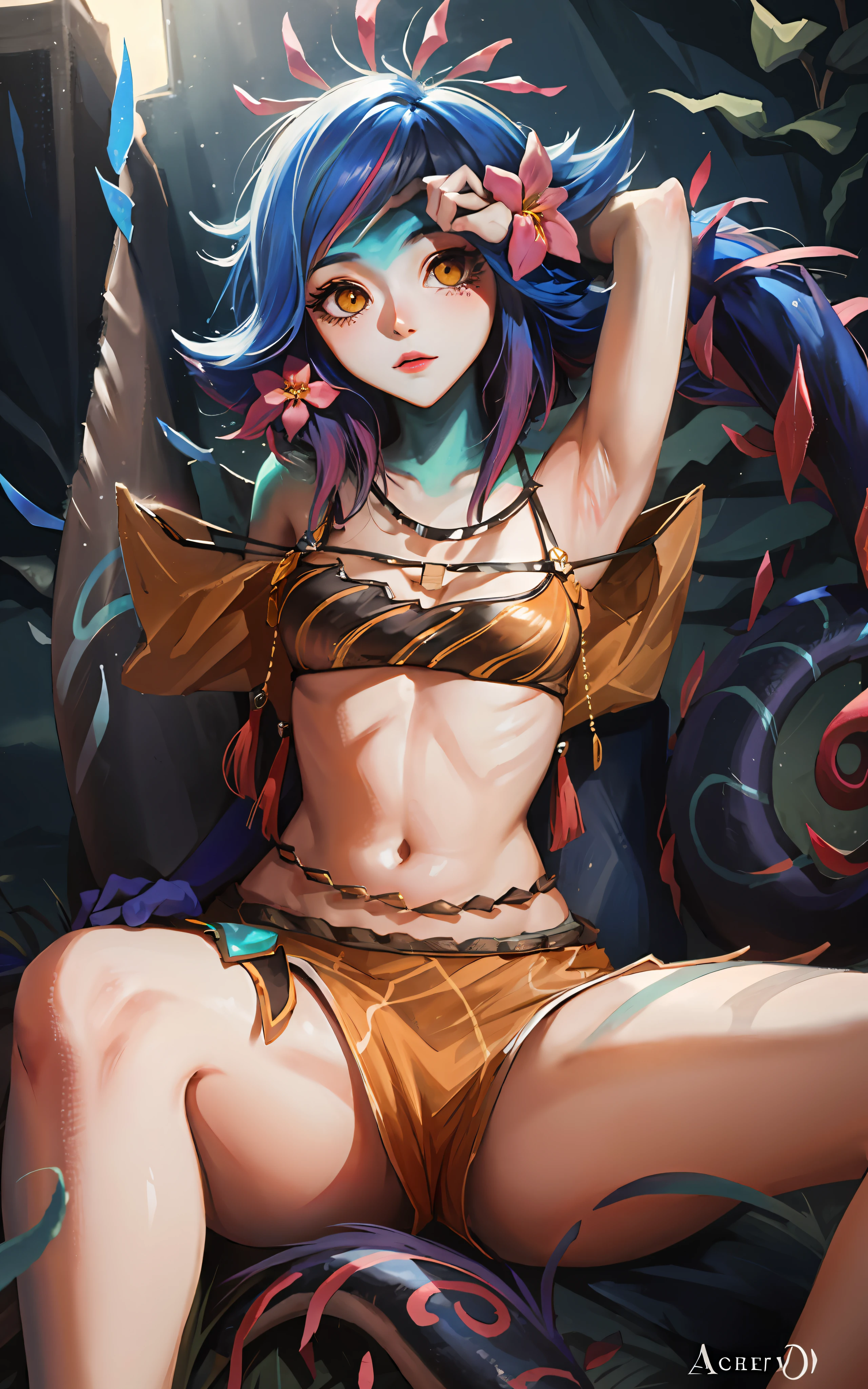 Neeko lol, neeko lying down. Beautiful, wonderful, masterpiece, lying in chameleon's tail detail on the body, best quality, provocative