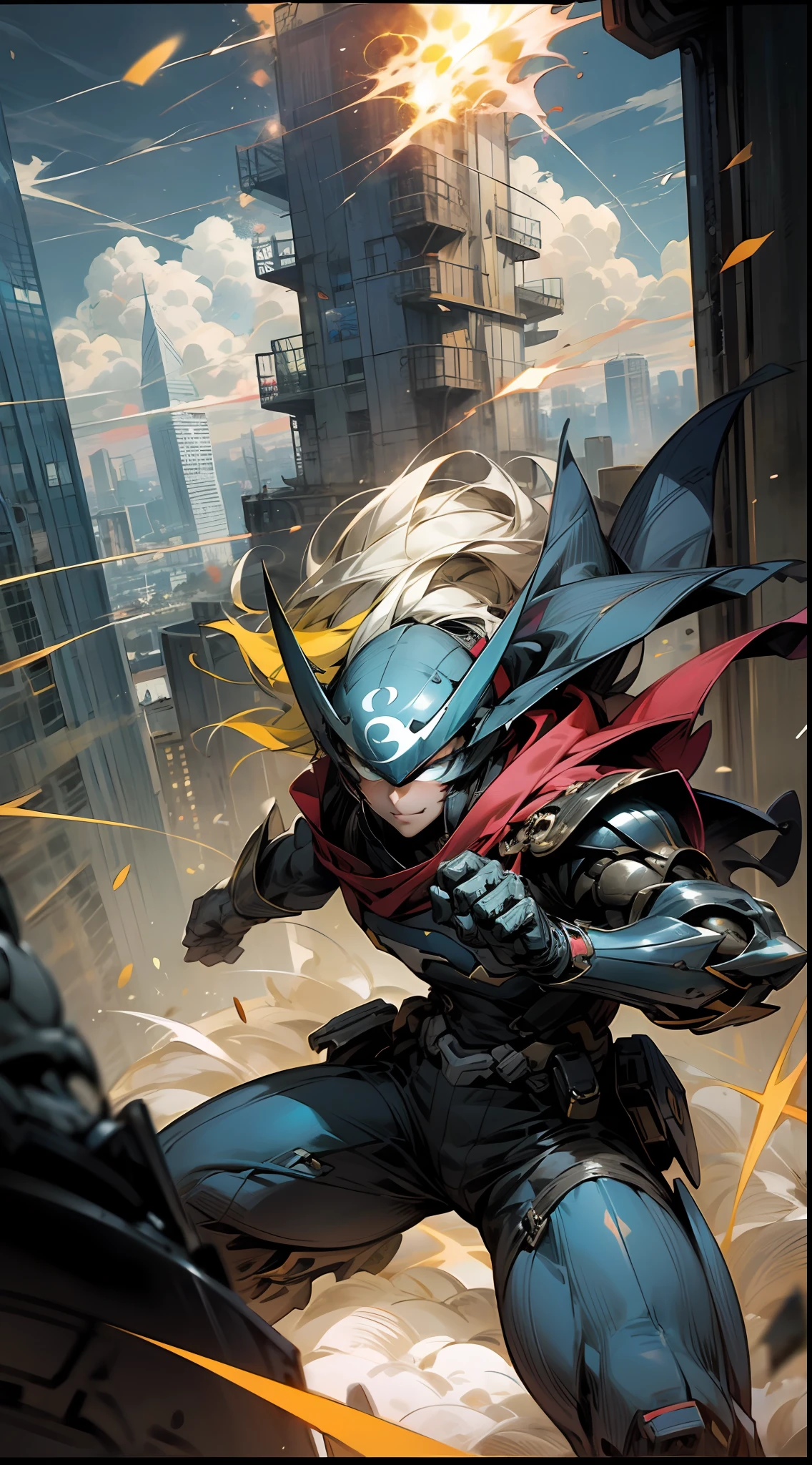 Create a vibrant and action-packed anime wallpaper featuring a team of superheroes in the midst of battle. The heroes are all dressed in bright and colorful costumes, each with their own unique powers and abilities. The background is a cityscape, with buildings and skyscrapers towering behind them. The sky is a brilliant shade of blue, with clouds swirling around the scene. The heroes are depicted in mid-action, with energy blasts and explosions happening all around them. The overall effect is one of excitement and energy, with the viewer feeling like they are right in the middle of the battle. The colors are bright and bold, with shades of red, blue, green, and yellow dominating the scene. This wallpaper is perfect for those who love anime with a superhero twist. --auto