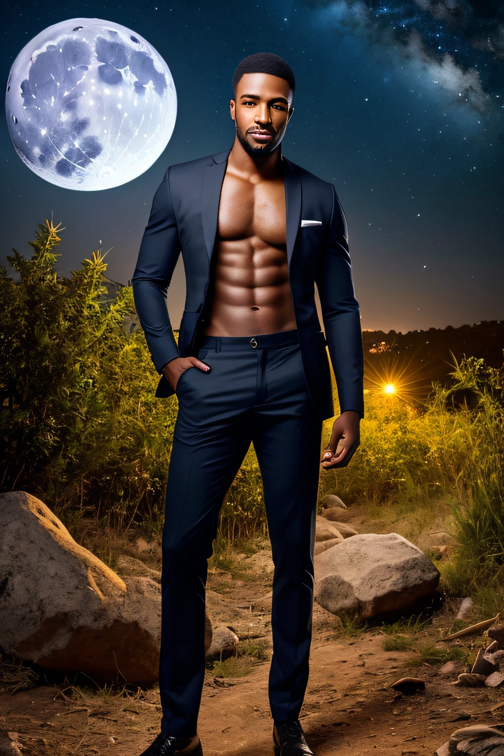 An image of a gorgeous black man, pothead's outfit, man on a hill at night, with full moon and astrophotography, smoking weed, full body, detailed skin, masterpiece, best quality, realistic, ultra-realistic, professional photography edited with best quality, standard size: 1080 x 1920 pixels, 9:16 aspect ratio.