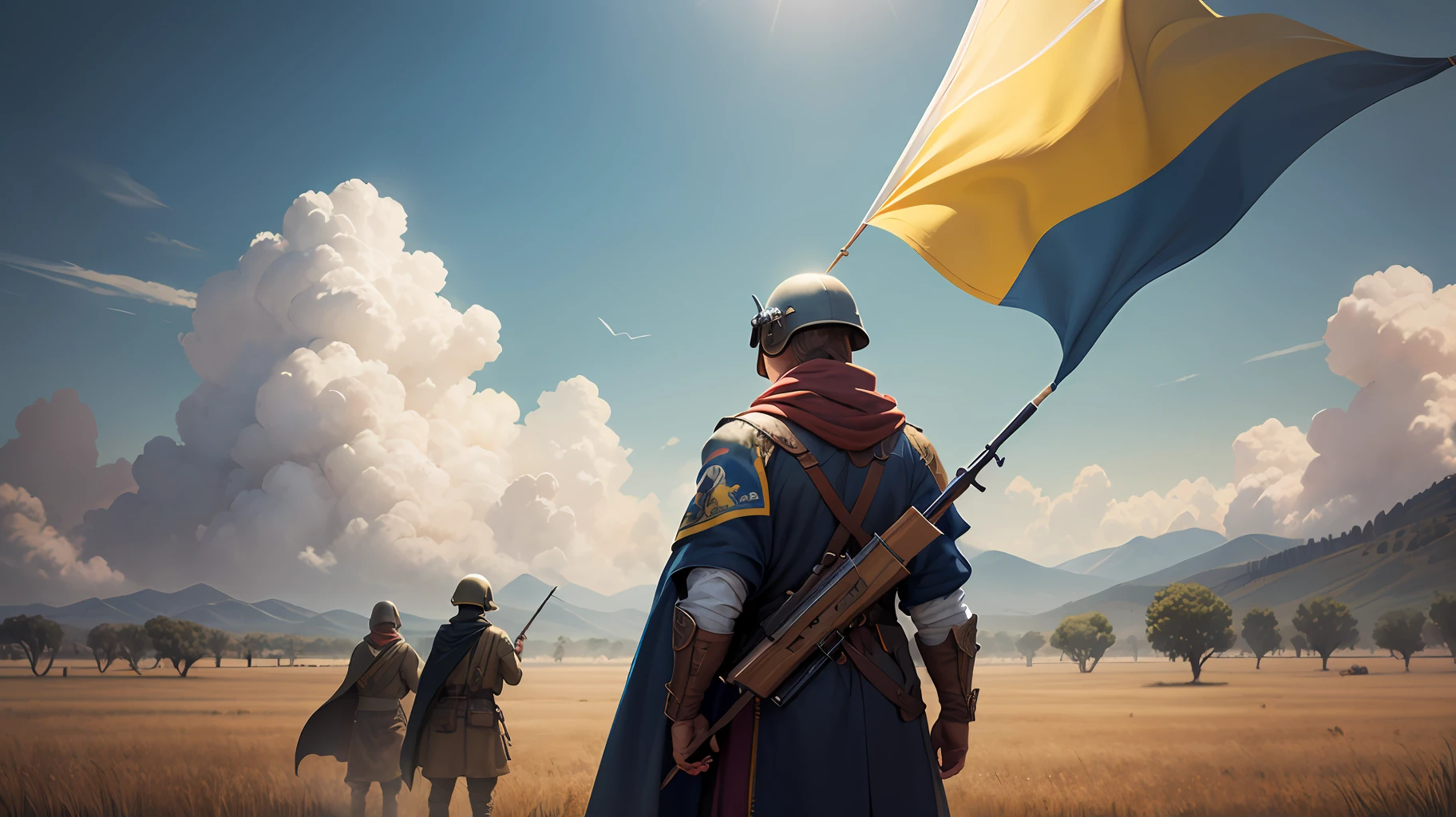 Masterpiece, best quality, crowd of soldiers, Ukrainian flag background, field, looking above, looking at viewer, military uniforms inspired by both medieval fantasy and modern times, artwork from a final fantasy game, rifles, rocket launchers, wind, helmets, scarves, capes, different outfits, --auto