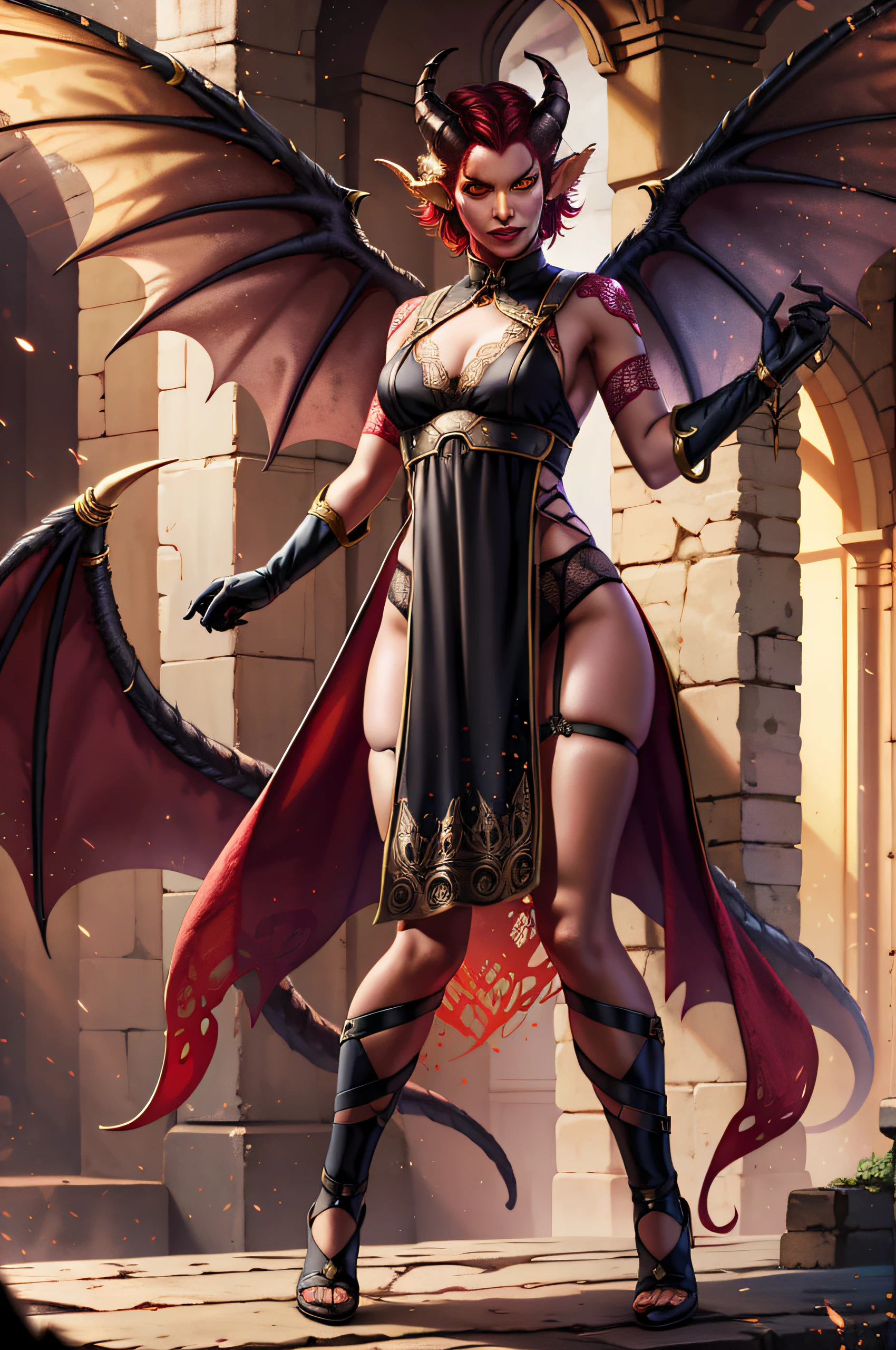 magv1ll, sensual woman tiefling, lingerie, tabard black, gloves, horns, medieval, colored skin, red skin, bright yellow eyes, particles, full body, succubus, wings, tail