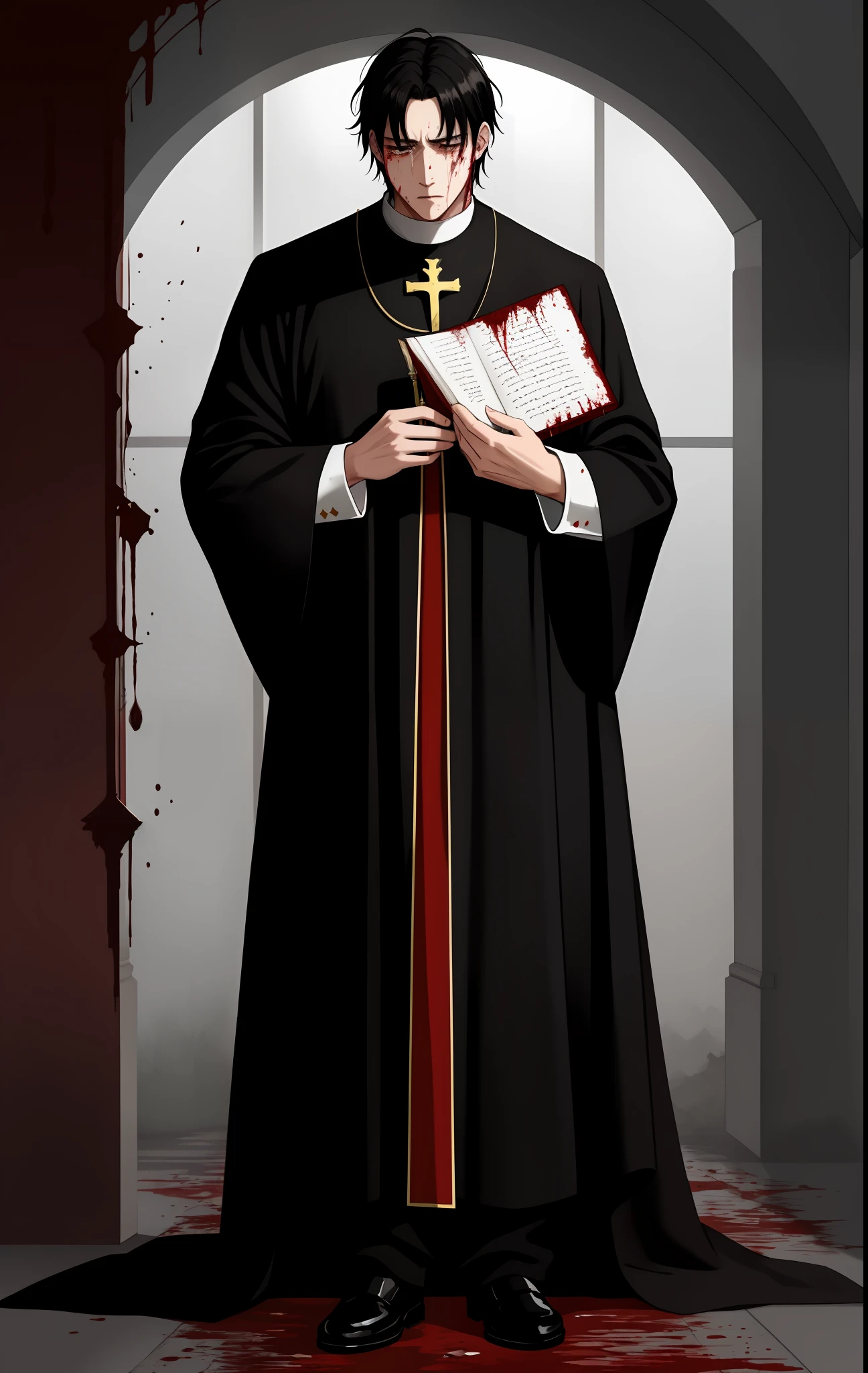 Priest with bloody soiled clothes, crying, holding a blood-stained book, dark aura, black hair, tall man