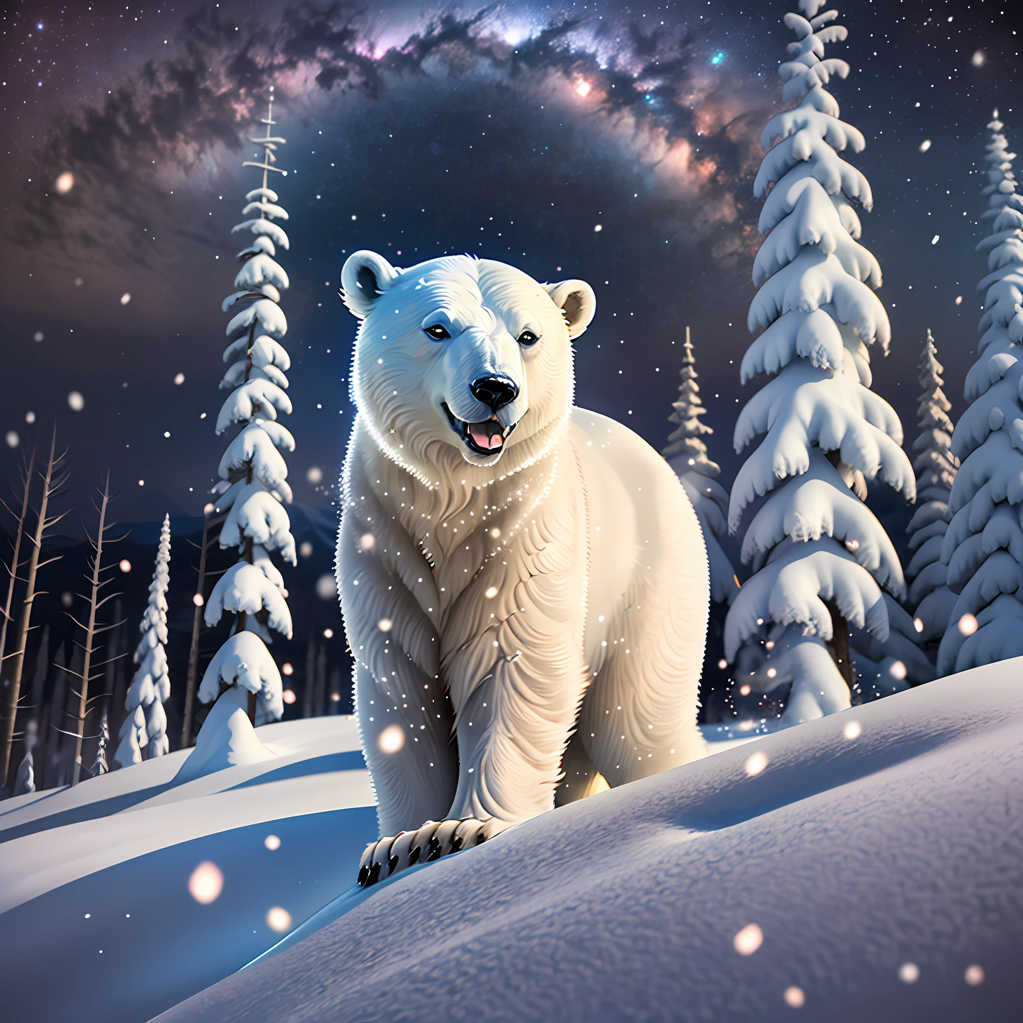 a white polar bear stands on a snowy mountain top, in the style of fanciful, dreamlike imagery, coloristic, snapshots of iconic hollywood stars, hyperrealistic animal portraits, night photography, strong facial expression, germanic art --ar 1:2 --ar 1:2 --v 5.1 --version 5.1 --ar 2:3 --auto