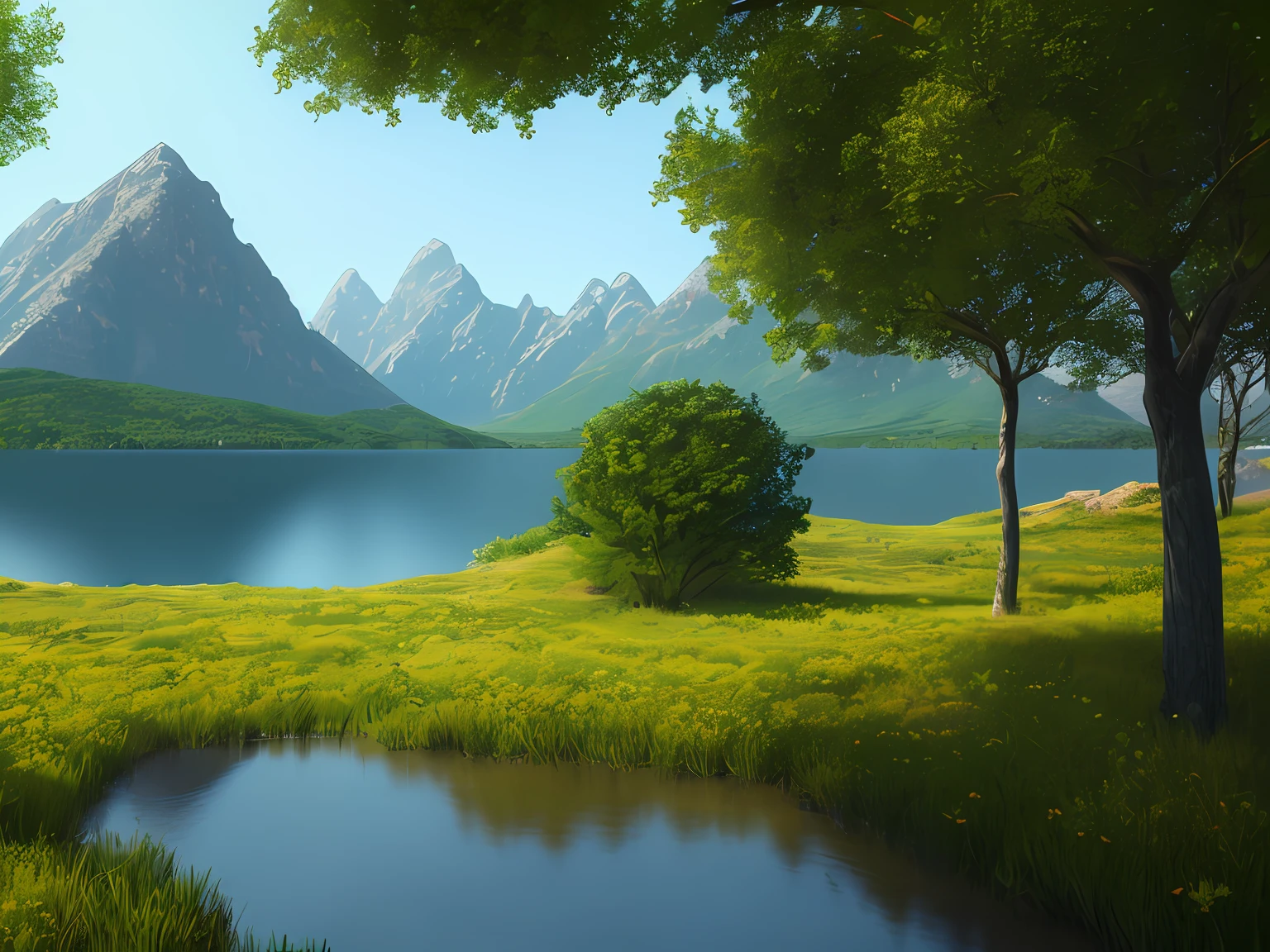 A peaceful place, very pleasant, aesthetic, calm, scenic. photorealistic, 8k uhd, studio quality, ultra realistic, max detail, massive scale, post-processing, realistic, photorealism, photoshop, photography, detailed, cinematic lighting, landscape, panoramic, landscape, raytracing, cinema4d