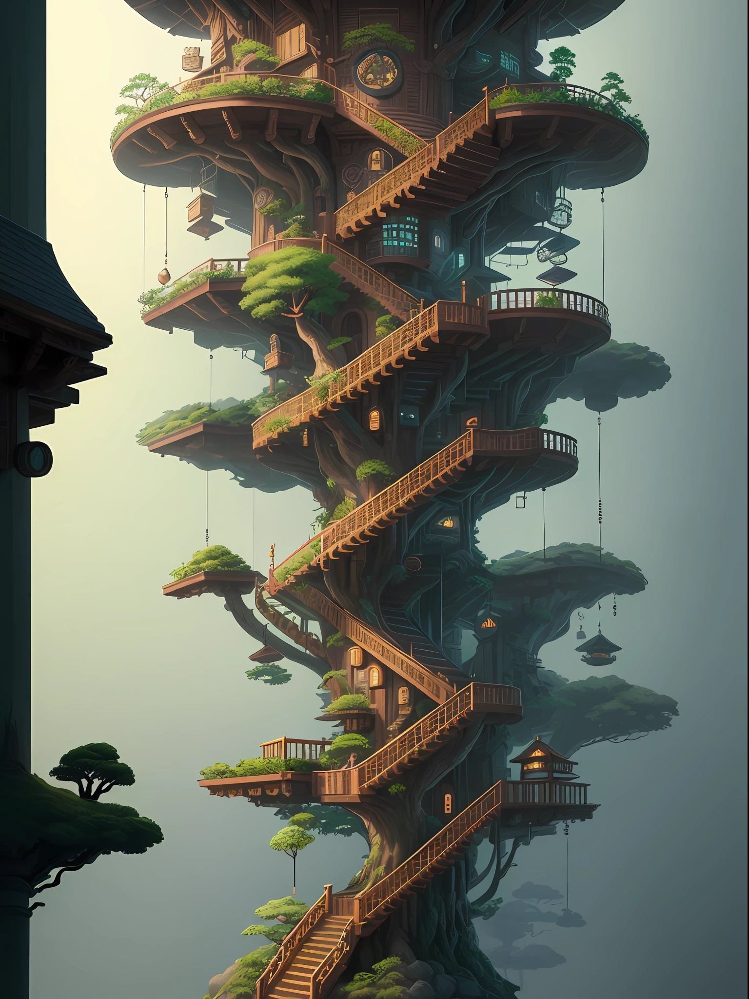 there is a tree house with a staircase and a tree in the middle, bonsai tree house, tree house, highly detailed illustration, tree town, treehouse, intricate detailed illustration, surreal + highly detailed, cyberpunk tree house, highly detailed digital artwork, best of behance, very detailed illustration, high detailed illustration, floral jungle treehouse, detailed intricate illustration, intricate 3 d illustration