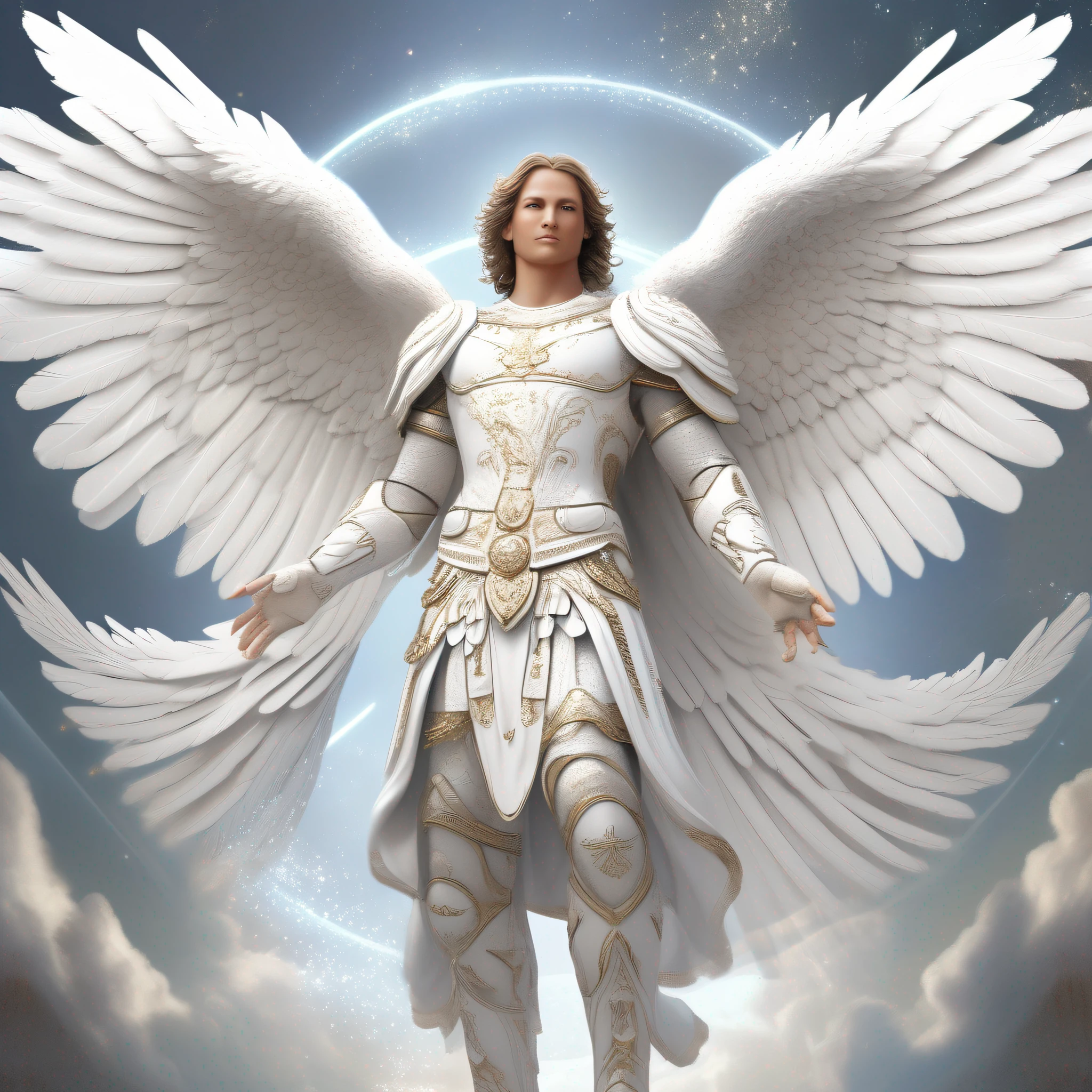 a male character, the archangel Michael, celestial image, intricate details, realistic, large white wings, angelic background