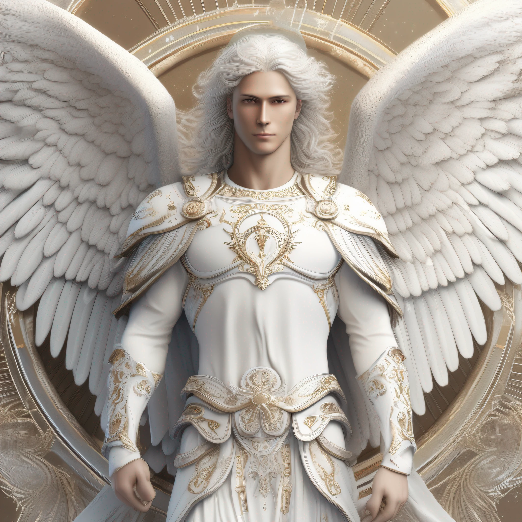 a male character, the archangel Michael, celestial image, intricate details, realistic, large white wings, angelic background
