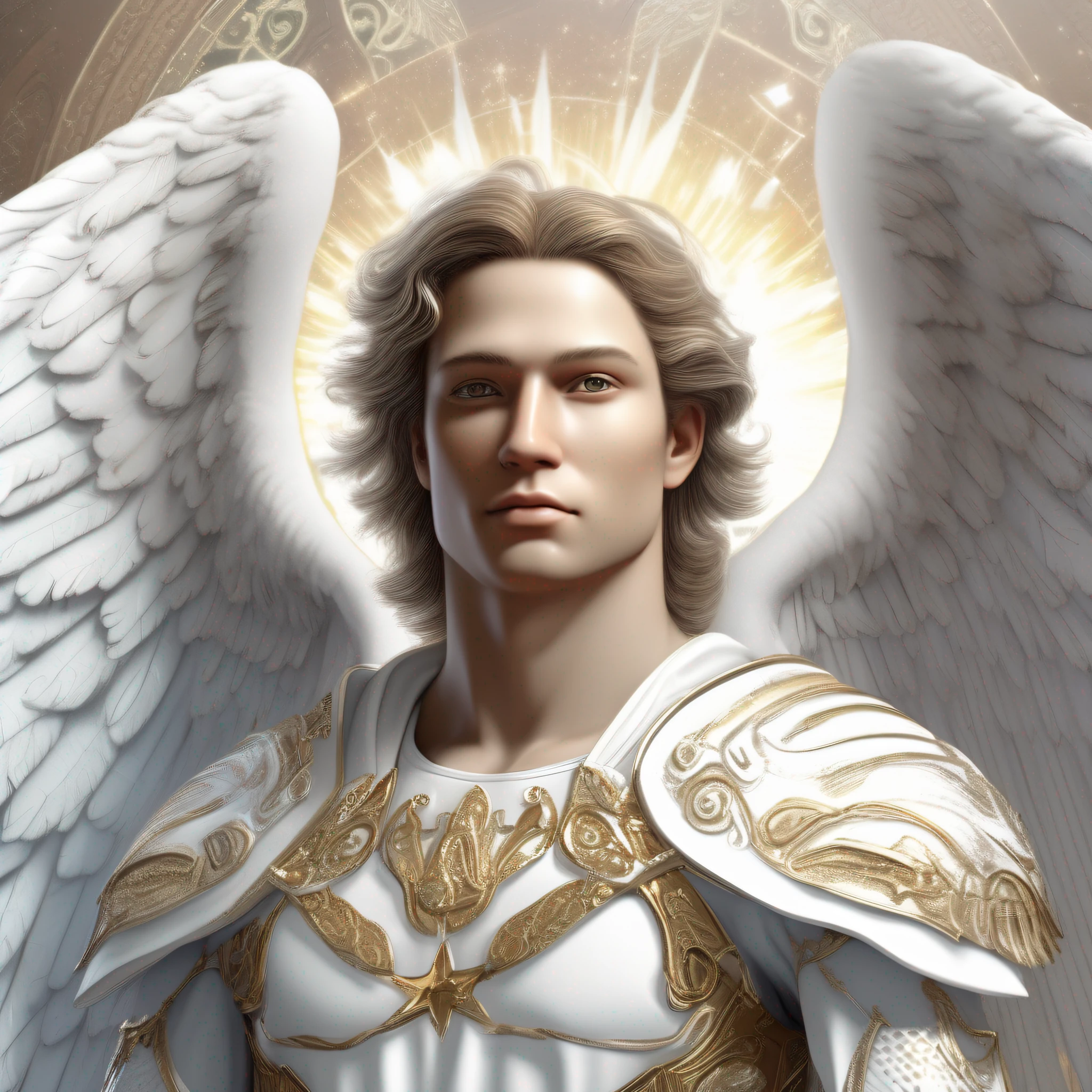 a male character, the archangel Michael, celestial image, intricate details, realistic, large white wings, angelic background
