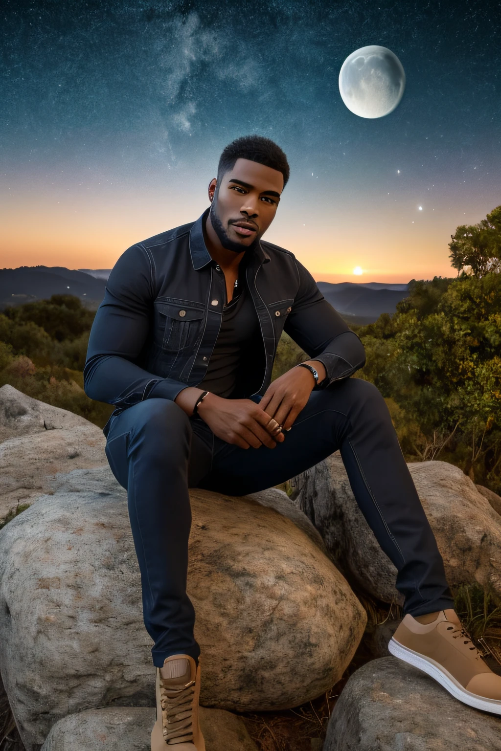 An image of a gorgeous black man, smoking weed, man on a hill at night, seeing for full moon and astrophotography, sitting on a rock, full body, detailed skin, masterpiece, best quality, realistic, ultra-realistic, professional photography edited with best quality, standard size: 1080 x 1920 pixels, 9:16 aspect ratio.