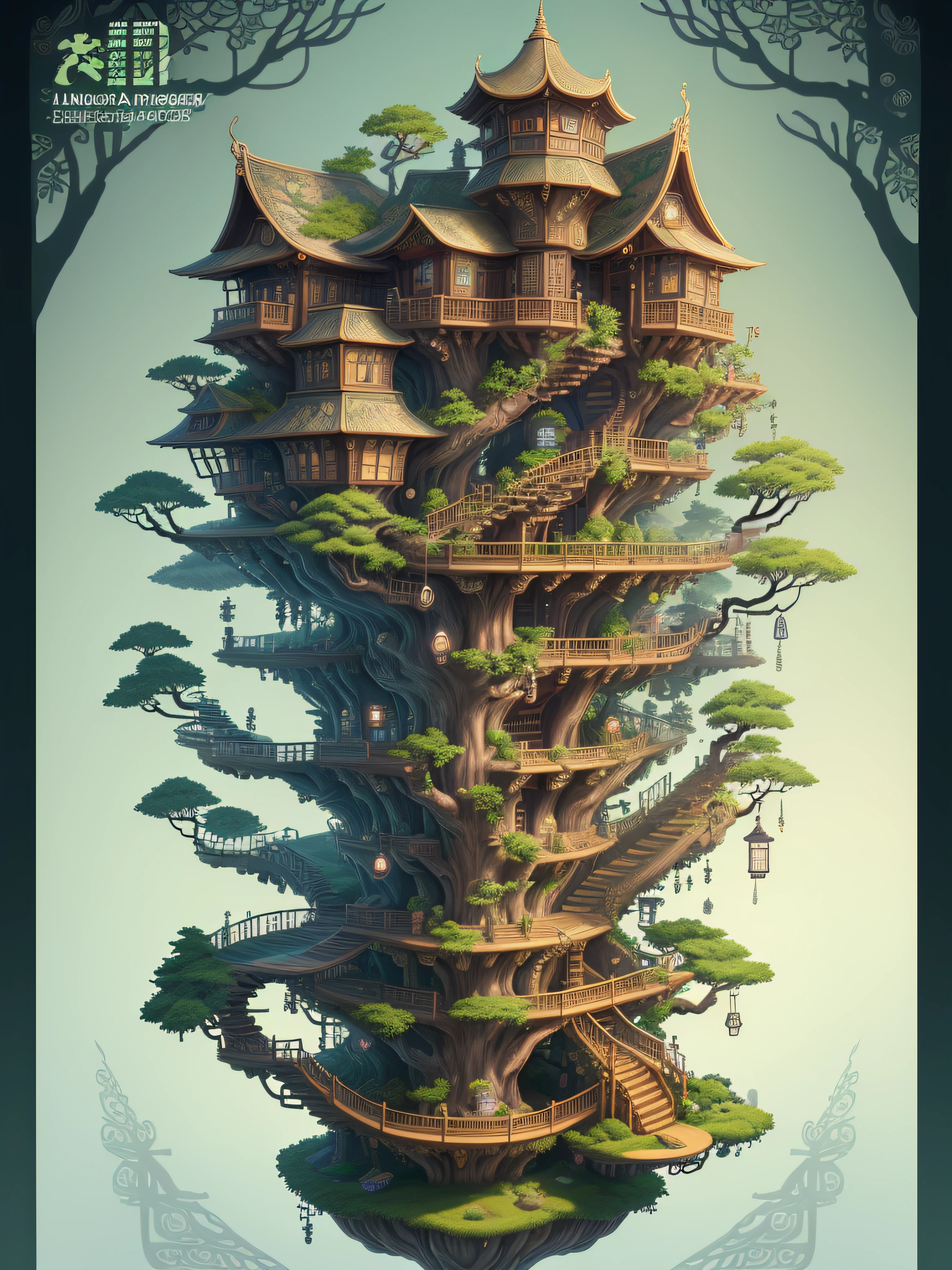 there is a tree house with a staircase and a tree in the middle, bonsai tree house, tree house, highly detailed illustration, tree town, treehouse, intricate detailed illustration, surreal + highly detailed, cyberpunk tree house, highly detailed digital artwork, best of behance, very detailed illustration, high detailed illustration, floral jungle treehouse, detailed intricate illustration, intricate 3 d illustration