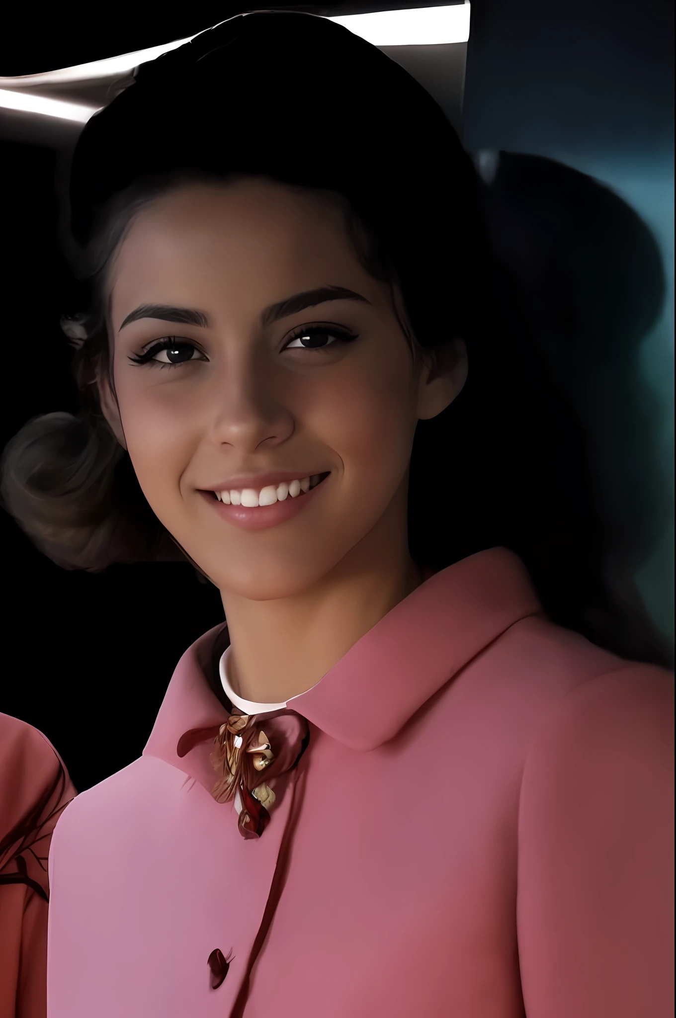 A teenage girl, brunette, tanned, arafed in a pink coat smiling for a photo, photo of a model, promotional image, music video, promotional image, full color still, color photography of the 1960s, publicity photo, colorful, detailed portrait shot, looks like laura barriales, she is smiling, a still of a happy, colorful, beauty photo