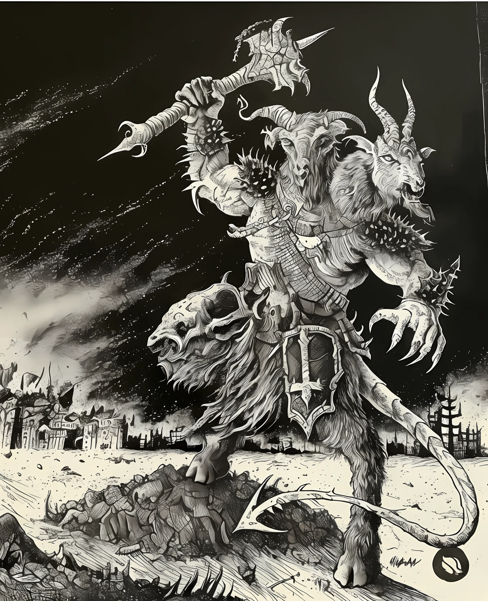 Goat-headed demon with twisted horns, metal album cover,death metal,horror,dead people,city on fire in the background,detailed drawing,scribbled ink painting.