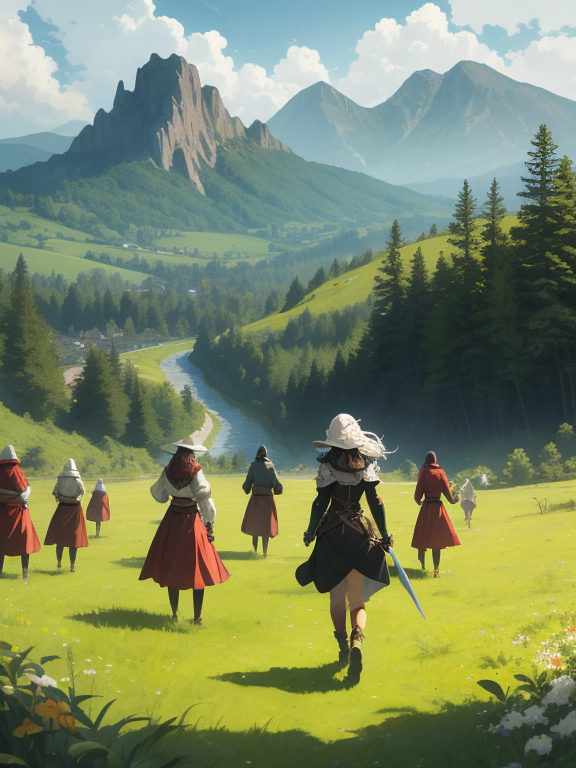 In a green meadow stands a girl leading a group of knights.
BREAK
With a brave expression, she guides them towards their destination.
BREAK
Behind her, a green forest stretches out and beyond that, mountains rise in the distance.
BREAK
The most suitable effect for this scene would be a watercolor painting technique to capture the softness of the meadow and the fluidity of the movement.