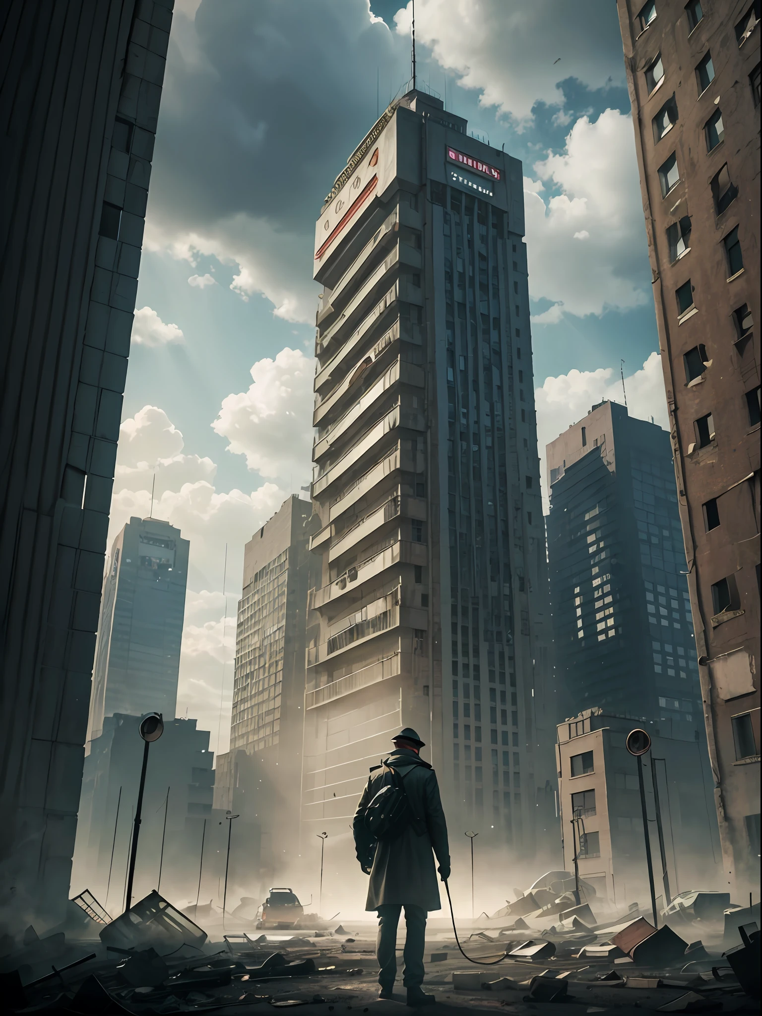 Create a vivid image that captures the oppressive and heartbreaking atmosphere described in the previous chapter of George Orwell's novel "1984." The image is supposed to depict Winston Smith, with his chin tucked into his chest, standing before the towering glass doors of Victoria Mansions. The surrounding setting should reflect the dark dystopian reality of the fictional world, with the presence of elements such as antique clocks marking thirteen o'clock and a gray, desolate cityscape. The cold wind should be visible, carrying with it particles of granulated dust that seem to echo the oppression of the environment. The lighting should be bleak, with pale rays of light piercing through the charged clouds in the sky. The image should evoke a sense of fear, isolation and hopelessness, immersing the viewer in the dystopian atmosphere of the novel. --auto
