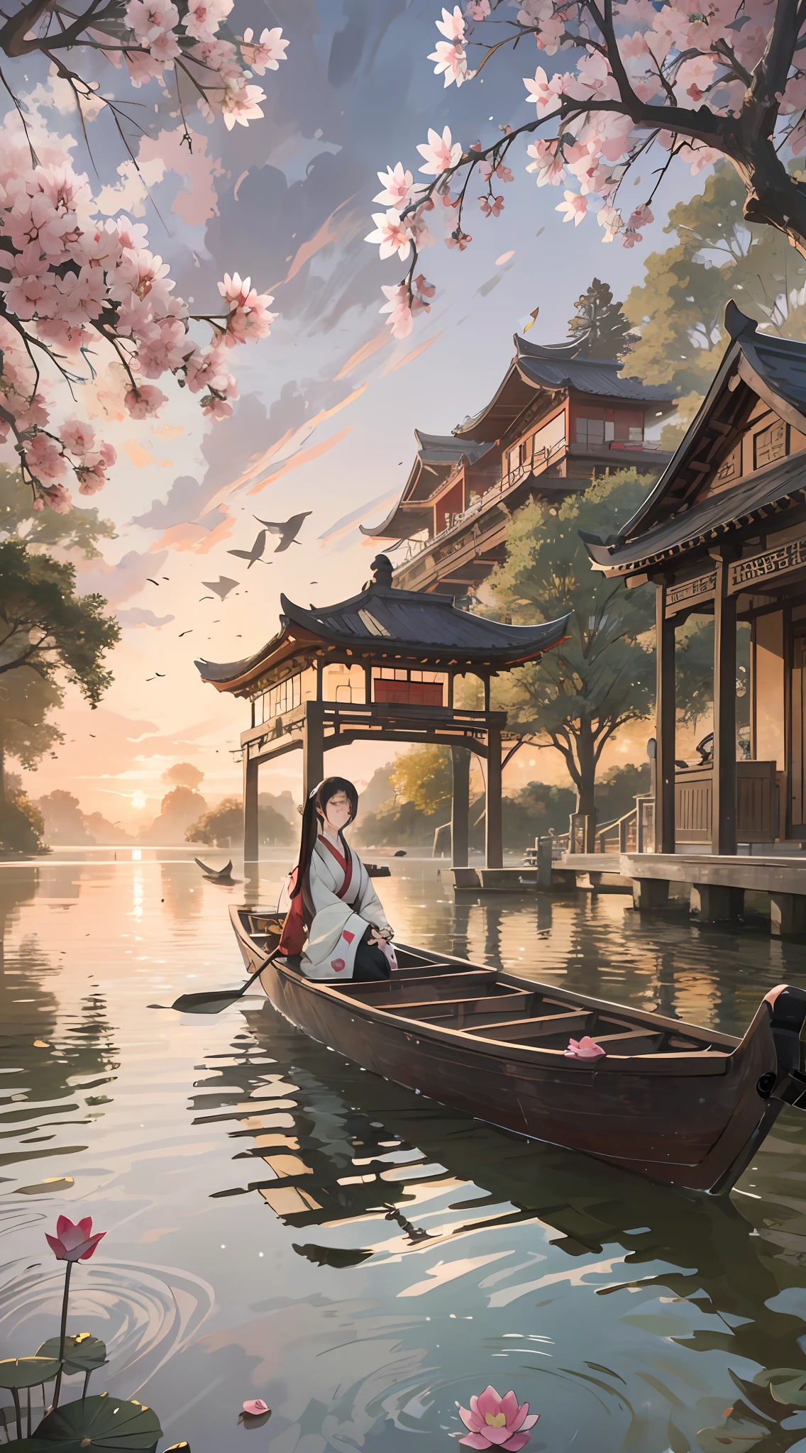 A rowing Hanfu girl with a beautiful face