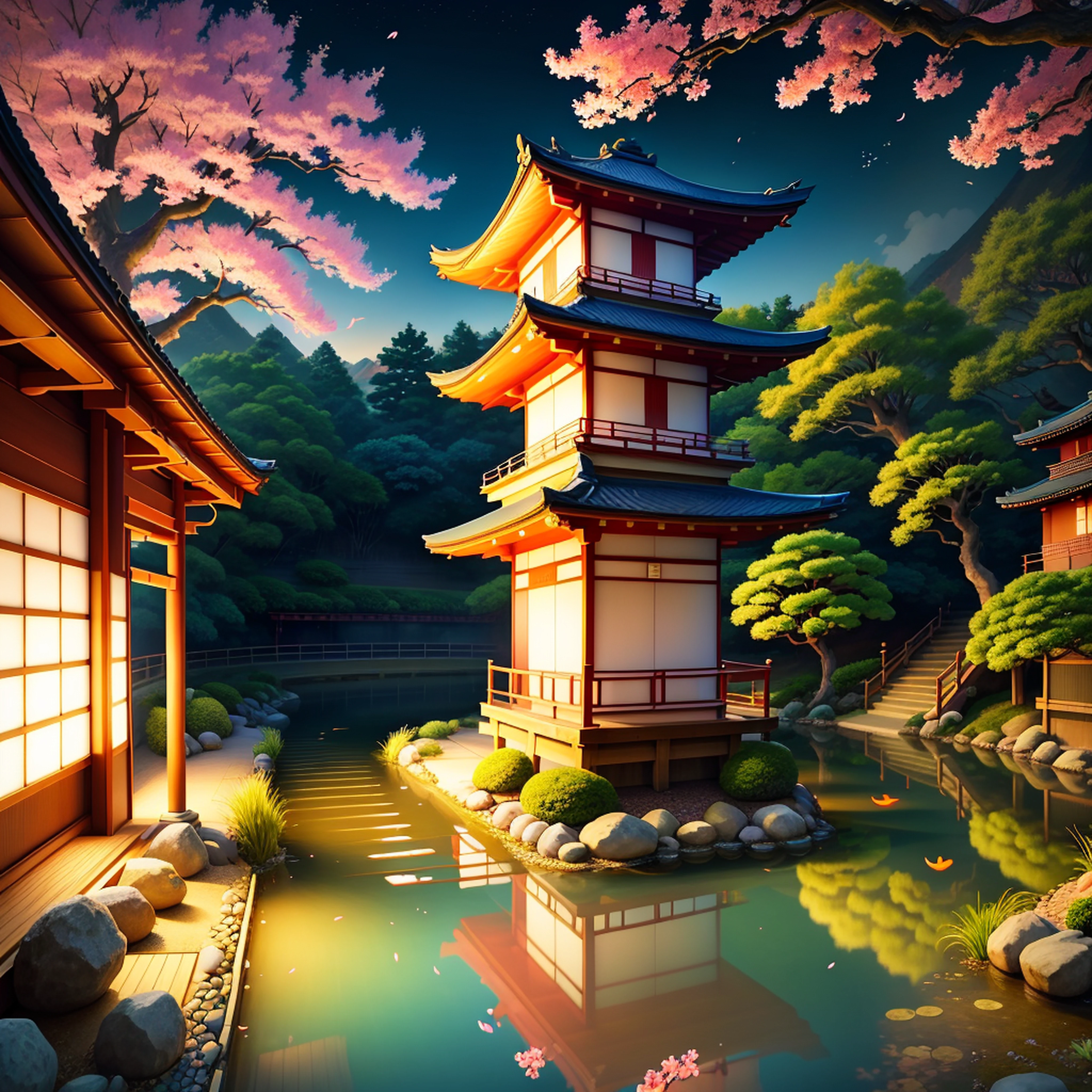 (digital painting),(best quality), serene Japanese garden, cherry blossoms in full bloom, koi pond, footbridge, pagoda, Ukiyo-e art style, Hokusai inspiration, Deviant Art popular, 8k ultra-realistic, pastel color scheme, soft lighting, golden hour, tranquil atmosphere, landscape orientation