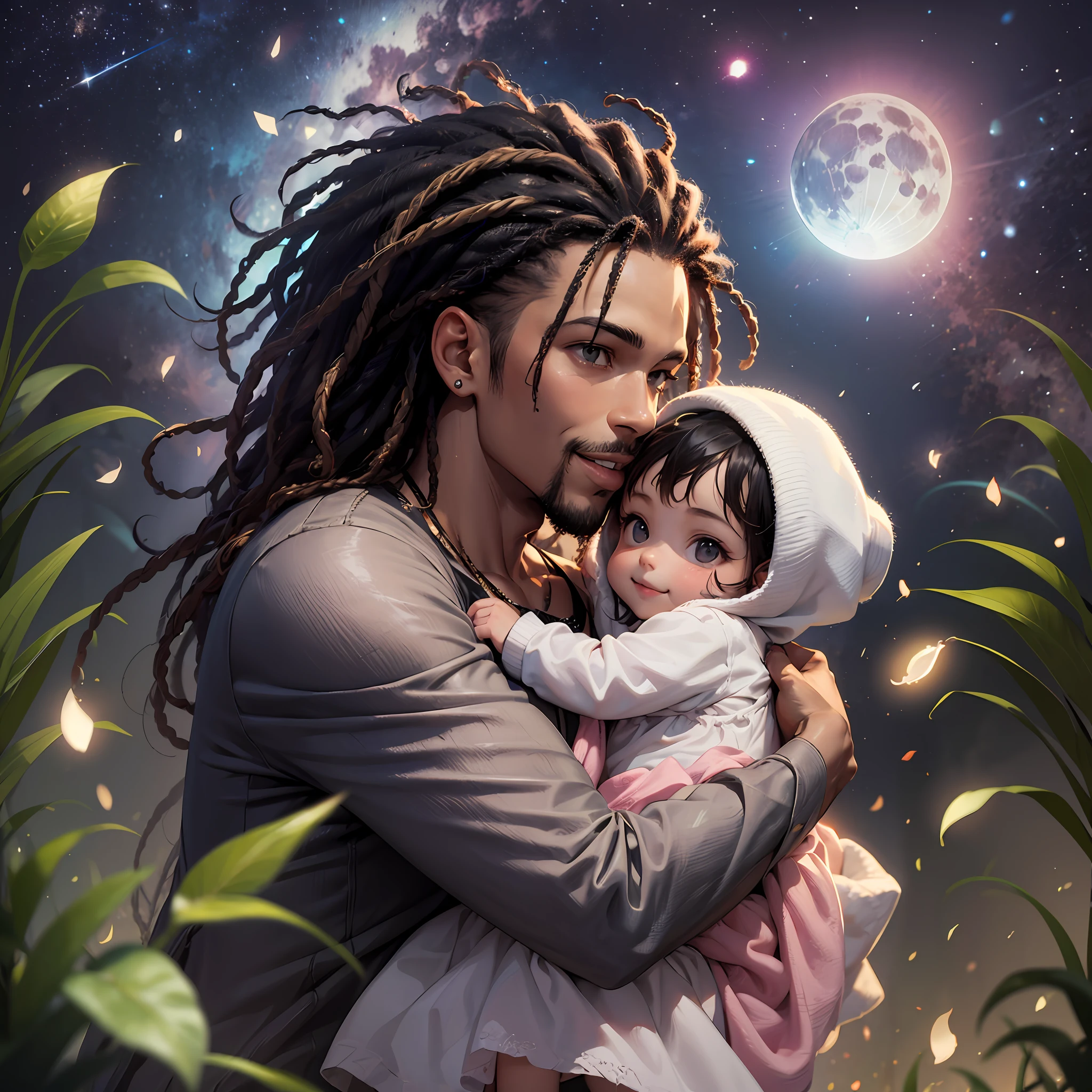 Black man holds his tanned skin baby daughter in his arms, they both smile