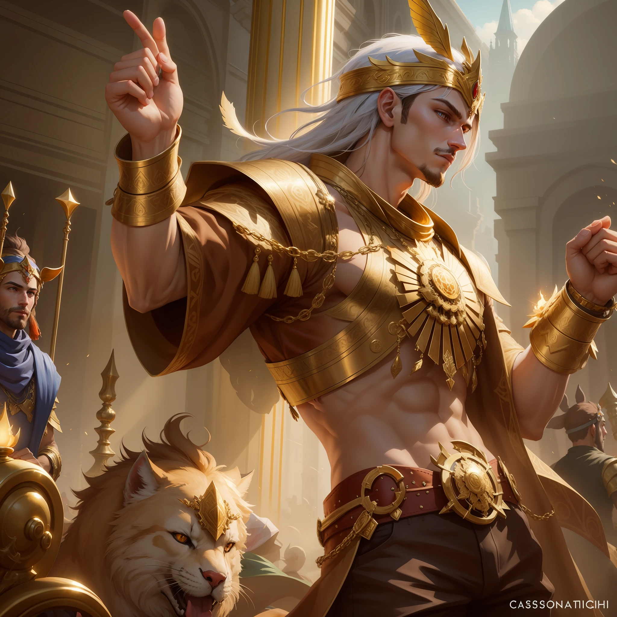 There is a man in a golden garment holding a lmac, Kaladesh, Kaladesh concept art. Mechanics, Magic : The Art of Encounter, Complete Art, Magic The Encounter, Gilgamesh, Casimir Art, Magic The Art Of Encounter, Mohrbacher, Magic The Art Of The Encounter Card, A Majestic Epic Degen Merchant, Magic The Art Of Encounter, High Quality, Very Detailed, Perfect Hands, Fist Clenched