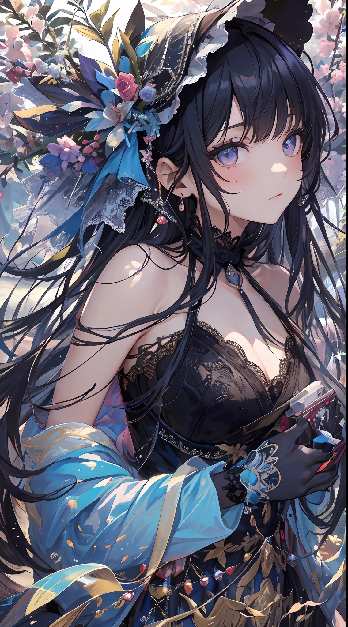 Focus on the person. We create and express the best shining composition of the person. ((Masterpiece)), (((highest quality)))), ((Ultra detail)), (Ultra realistic), (Very detailed CG illustration), (Very delicate and beautiful), Best masterpiece of beautiful girl, highest quality, realistic skin, realistic fabric, realist illustration focusing on girls with realistic textures, Japan people, realistic and ultra-detailed eyes focusing on the center front. This is the absolute rule, and the following sentence expresses the image quality. It is the greatest masterpiece in the history of the class of Inuitsuki Ichigo, in which the owner of the greatest painting talent in human history met an unparalleled beauty and risked his life to depict the most beautiful figure. Create stunning anime artwork that is currently trending on seaStation, showcasing exquisite beauty and captivating aesthetics. "What unfolds in front of me is a beautiful girl wearing Gothic ta fashion. Her presence is overwhelming, her vision surpasses that of her predecessor, and she is exquisitely frightened at the hands of a hyperrealist artist.
The characteristic figure of the beautiful is attracting more attention by Gothic Loliashion. Her black dress is designed with attention to detail and decorated with luxurious lace and ribbons. It is long enough to touch the floor and has fine rose embroidery on the hem.
On her chest, a pure white chiffon blouse is visible, and an elegant high-neck design emphasizes her delicacy. The sleeves of its blouse are proceeding to wrap around the arms, the edges of which are delicately finished with lace and ribbons.
On her head is a black lace bonnet, the edges of which are studded with fine pearls. The elegant decoration beautifully frames her expression.
In her hand she has a black parasol decorated with lace, the elegant design of which accentuates her femininity. and has been changed to a fantastic existence.
Her face is even more beautiful with a blac