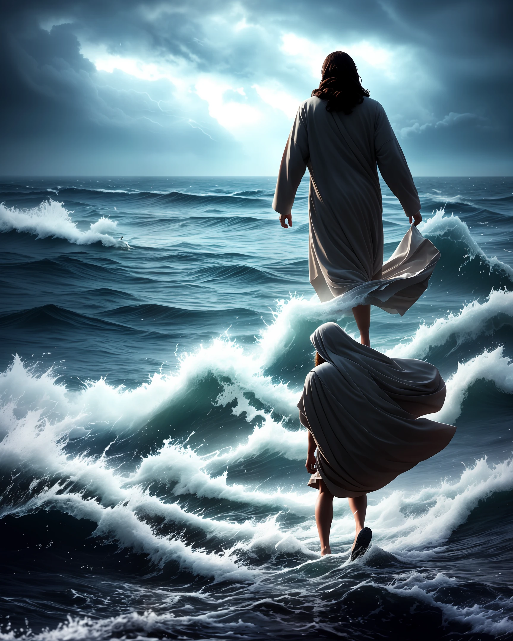 jesus walking on water in a storm, masterpiece, best quality, high quality, extremely detailed CG unit 8k wallpaper, award winning photography, Bokeh, Depth of Field, HDR, bloom, Chromatic aberration, photorealistic, extremely detailed, trending on artstation, trending on CGsociety, intricate, high detail, dramatic, mid-journey art, volumetric lighting