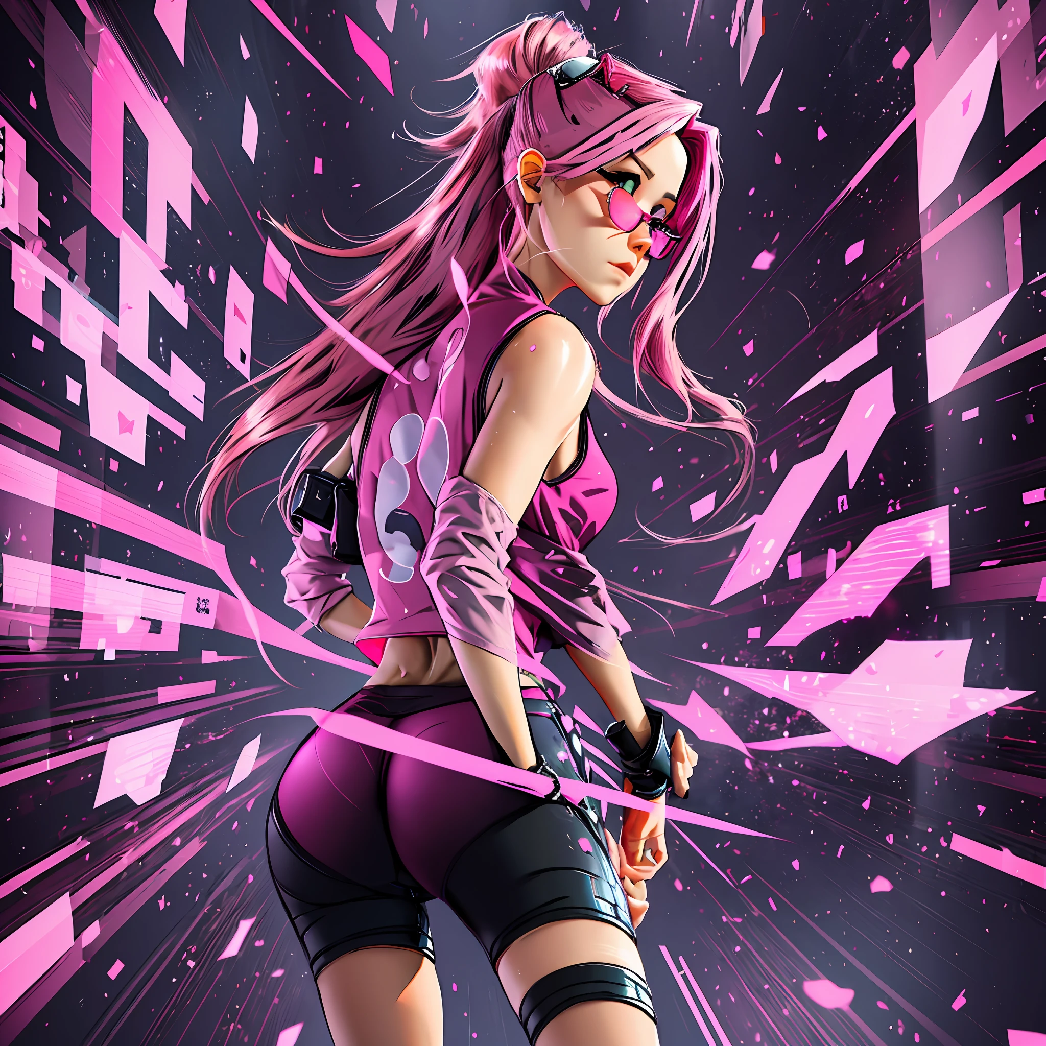 Mist, fortnite, girl in pink glasses, black blouse with a pink star in the middle, pink hair, full body, back perspective, short shorts, spares from ass --auto --s2