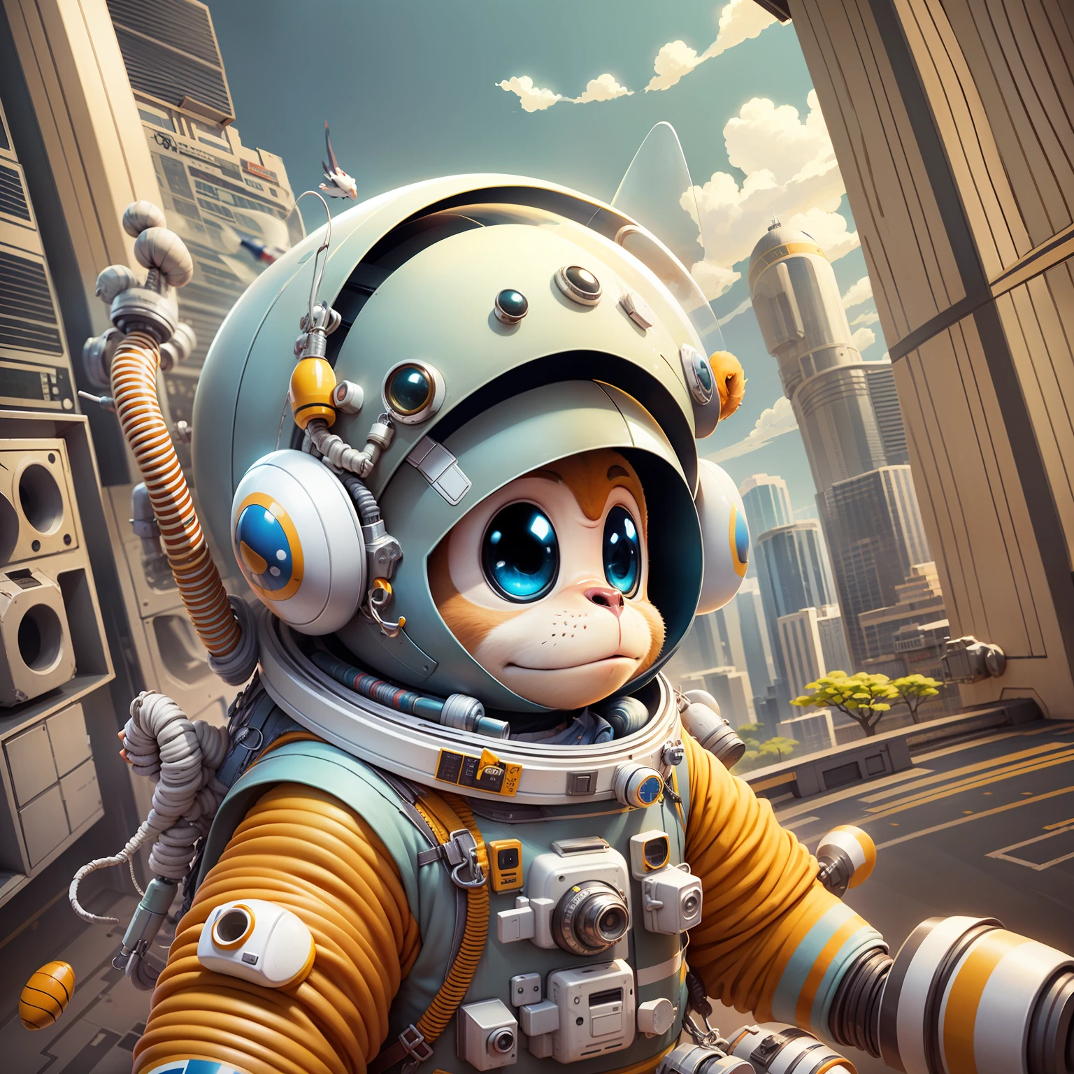 cartoon of a monkey in an airplane pilot costume, airplanes, birds flying, pilot, airplane flying, fly in the sky, in space, airplane travel, airport theme, gas station, mobile game art --auto