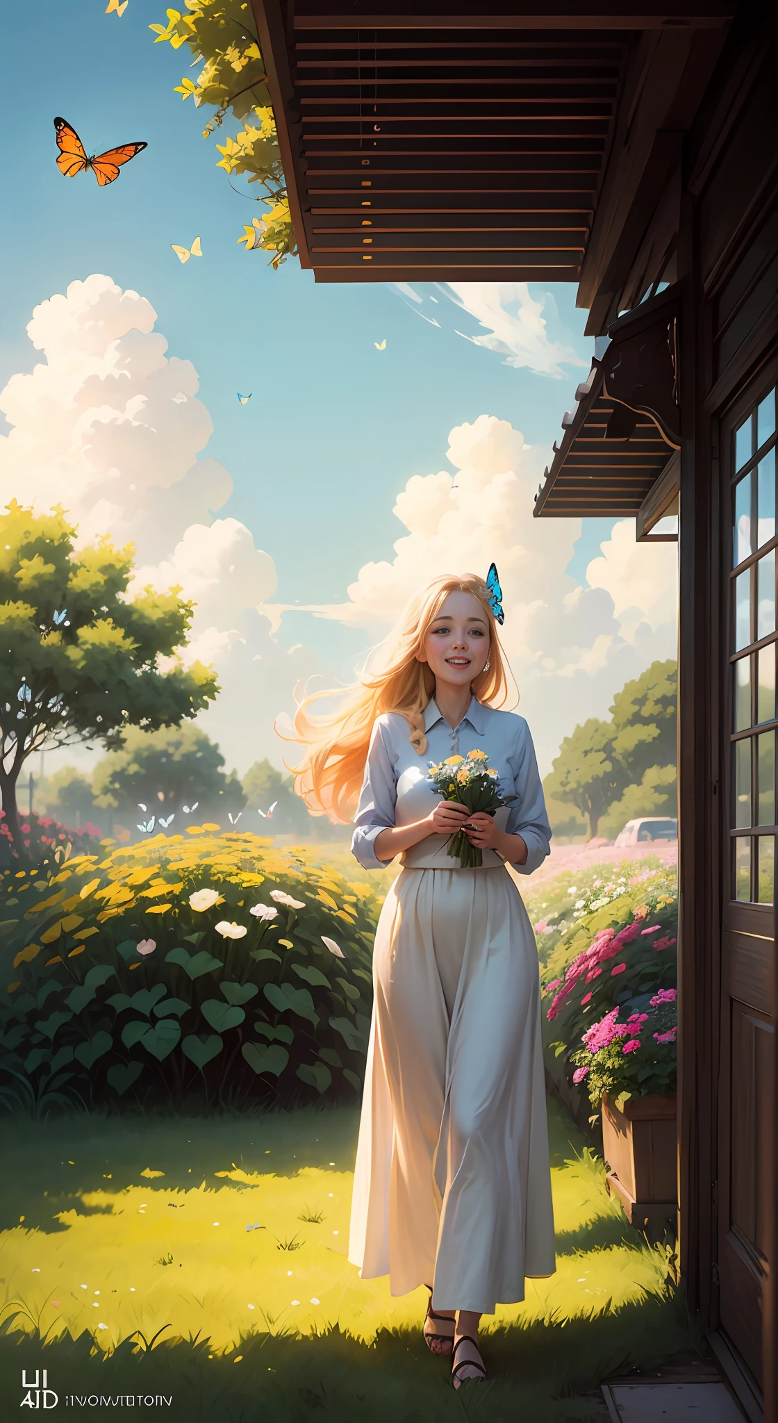 Illustration of "happy" in a flower garden. Blue sky of clouds tending the garden with butterflies. Beautiful illustration, beautiful painting, beautiful UHD 4k art, beautiful art, a beautiful art illustration, guweiz style art, beautiful painting, atey ghailan 8k, artgerm and atey ghailan, (long blonde hair) taking care of butterflies, (butterflies). (best quality, masterpiece), 1 happy woman, particle, wind, flower, full body, garden background, looking at butterflies. --auto