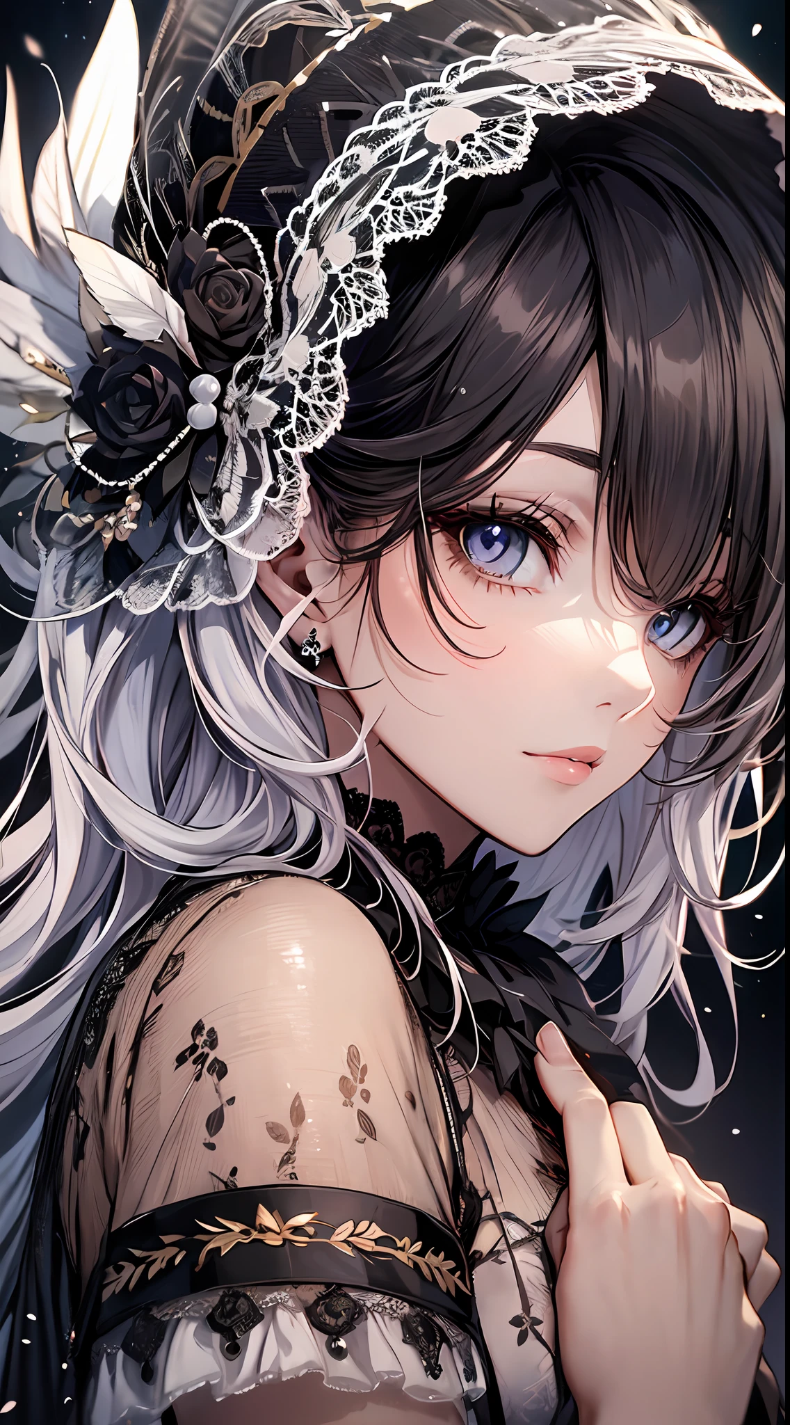 Focus on the person. We create and express the best shining composition of the person. ((Masterpiece)), (((highest quality)))), ((Ultra detail)), (Ultra realistic), (Very detailed CG illustration), (Very delicate and beautiful), Best masterpiece of beautiful girl, highest quality, realistic skin, realistic fabric, realist illustration focusing on girls with realistic textures, Japan people, realistic and ultra-detailed eyes focusing on the center front. This is the absolute rule, and the following sentence expresses the image quality. It is the greatest masterpiece in the history of the class of Inuitsuki Ichigo, in which the owner of the greatest painting talent in human history met an unparalleled beauty and risked his life to depict the most beautiful figure. Create stunning anime artwork that is currently trending on seaStation, showcasing exquisite beauty and captivating aesthetics. "What unfolds in front of me is a beautiful girl wearing Gothic ta fashion. Her presence is overwhelming, her vision surpasses that of her predecessor, and she is exquisitely frightened at the hands of a hyperrealist artist.
The characteristic figure of the beautiful is attracting more attention by Gothic Loliashion. Her black dress is designed with attention to detail and decorated with luxurious lace and ribbons. It is long enough to touch the floor and has fine rose embroidery on the hem.
On her chest, a pure white chiffon blouse is visible, and an elegant high-neck design emphasizes her delicacy. The sleeves of its blouse are proceeding to wrap around the arms, the edges of which are delicately finished with lace and ribbons.
On her head is a black lace bonnet, the edges of which are studded with fine pearls. The elegant decoration beautifully frames her expression.
In her hand she has a black parasol decorated with lace, the elegant design of which accentuates her femininity. and has been changed to a fantastic existence.
Her face is even more beautiful with a blac