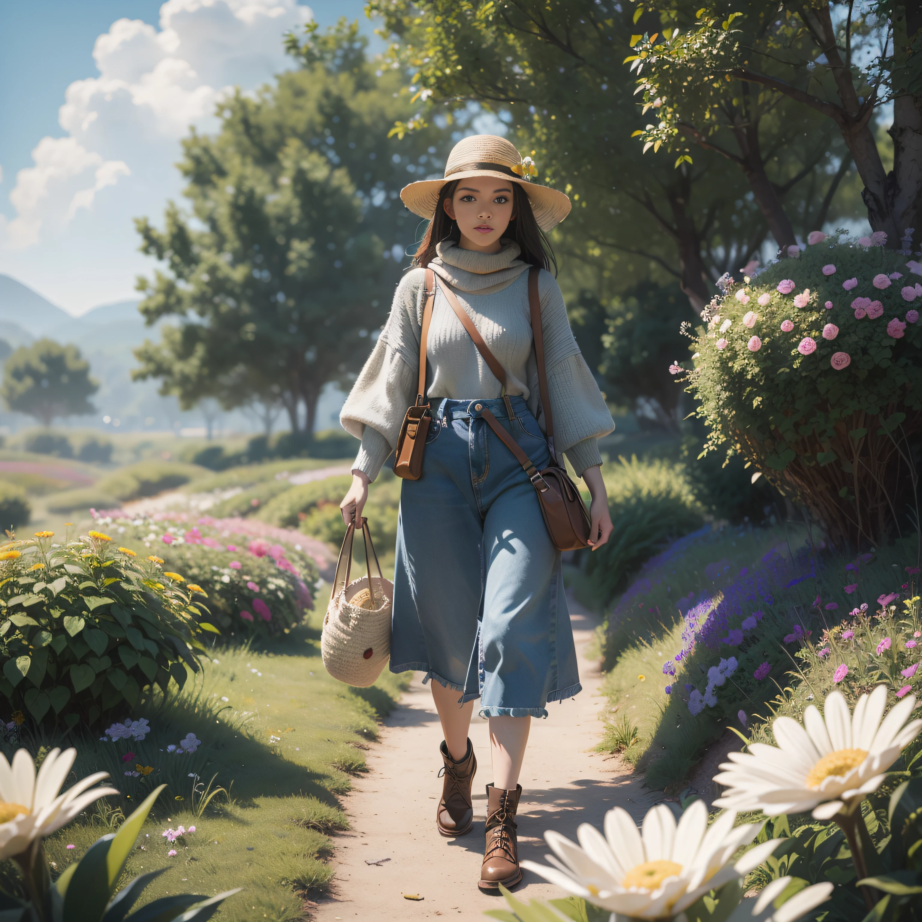 A knitted turtle walks among knitted flowers under cotton clouds, 3D, full-frame, cinematic 4D rendering, texture relief quality, digital painting, rich 3D rendering, hyperrealistic painting, artstation landscape, concept art, smooth, sharp focus, illustration, artstation trending, octane render, unreal engine