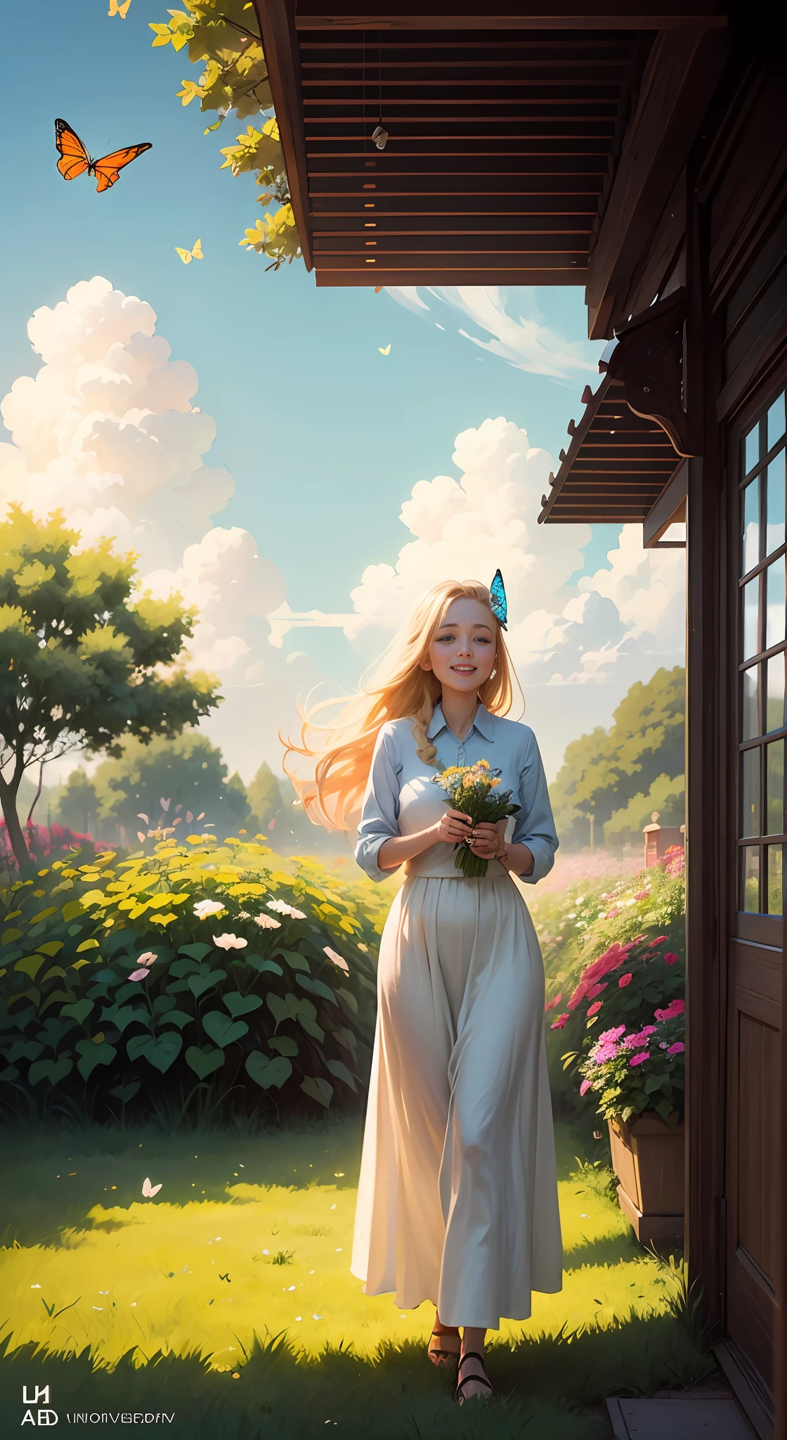 Illustration of "happy" in a flower garden. Blue sky of clouds tending the garden with erflies. Beautiful illustration, beautiful painting, beautiful UHD 4k art, beautiful art, a beautiful art illustration, guweiz style art, beautiful painting, atey ghailan 8k, artgerm and atey ghailan, (long blonde hair) taking care of butties, (butterfl. (best quality, masterpiece), 1 happy woman, particle, wind, flower, full body, garden background, looking at butterflies.uto