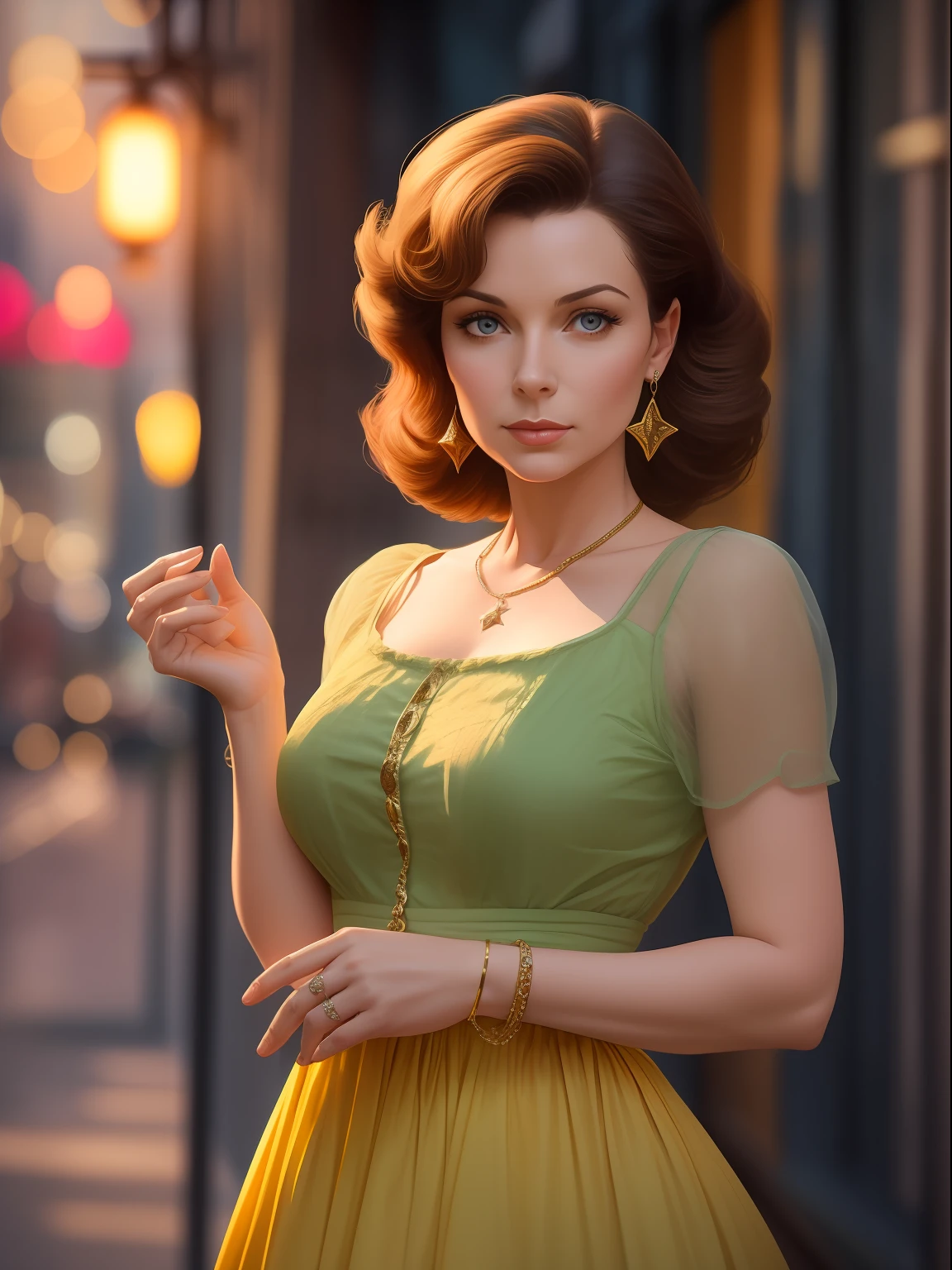 A stunning portrait of the star of the iconic 1970s television series A Streetcar Named Desire, played by Vivian Leigh. The softly lit, urban setting is lit with soft, golden hues, casting a sense of depth and mystery around her. The soft lighting, vibrant hues, and saturated colors create a vivid and dynamic image. Vivian, standing in her iconic mid-century fifties attire, is fully engaged in conversation with her co-star, John Goodman, who is quietly admiring the scene. standard lens, fast shutter speed, shallow depth of field