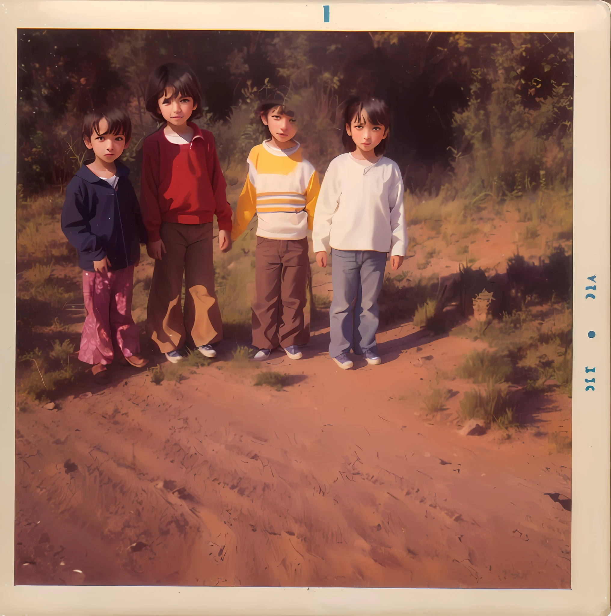 There are four children keeping the original faces of the photo standing in a dirt field together, taken in the 1970s,