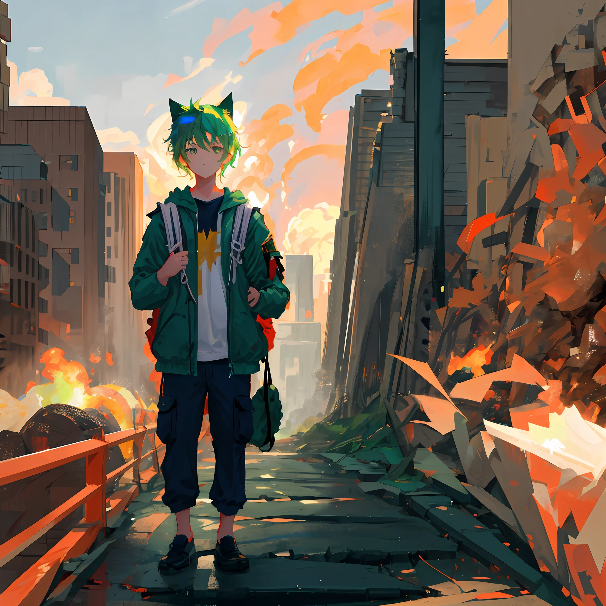 , 17 ye, cat ears, green hair, ultra realistic HD full body image, a lot of explosions in the background, using an old backpack,