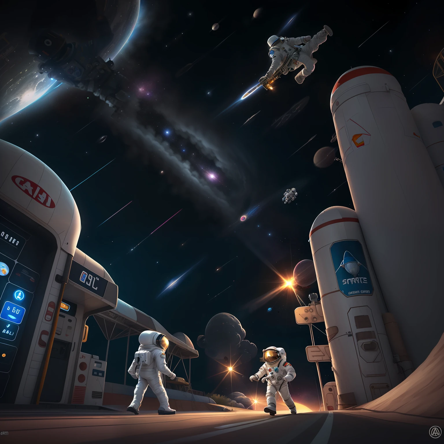 cartoon of a boy in a space suit with a skateboard, space race, humanoid monkey fantasy race, small astronauts, space odyssey, cosmonaut, space walk, flying in space, in space, space travel, epic road - trip in outer space, space theme, gas station in space, astronaut with a chimpanzee, mobile game art --auto