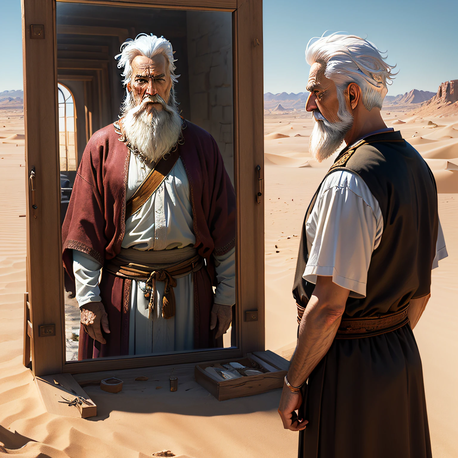 tragetoria mirror of life, biblical character Moses, older man with white hair and beard .in the desert (better shadows), realistic absurd lighting