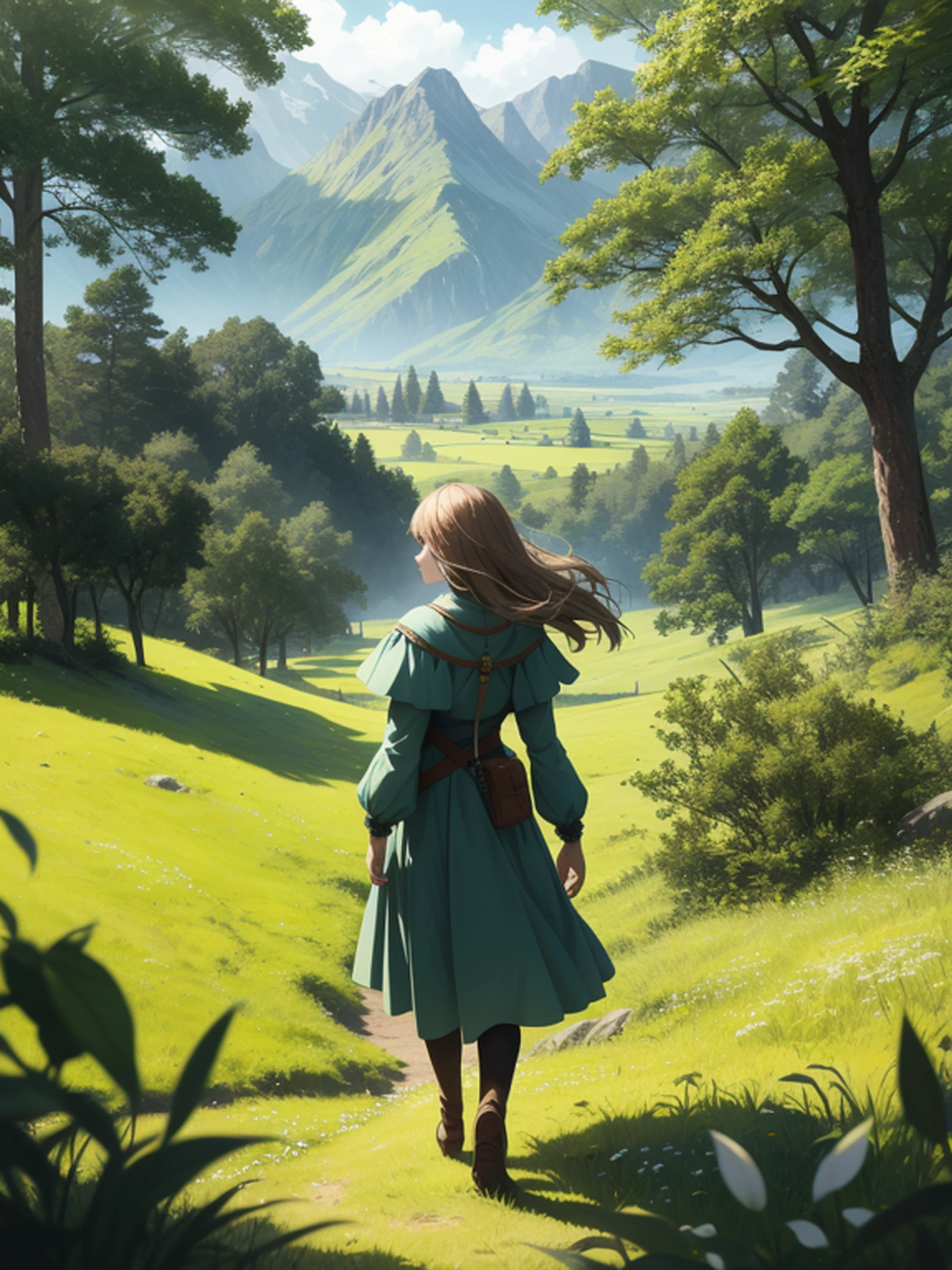 In a green meadow stands a girl leading a group of knights.
BREAK
With a brave expression, she guides them towards their destination.
BREAK
Behind her, a green forest stretches out and beyond that, mountains rise in the distance.
BREAK
The most suitable effect for this scene would be a watercolor painting technique to capture the softness of the meadow and the fluidity of the movement.