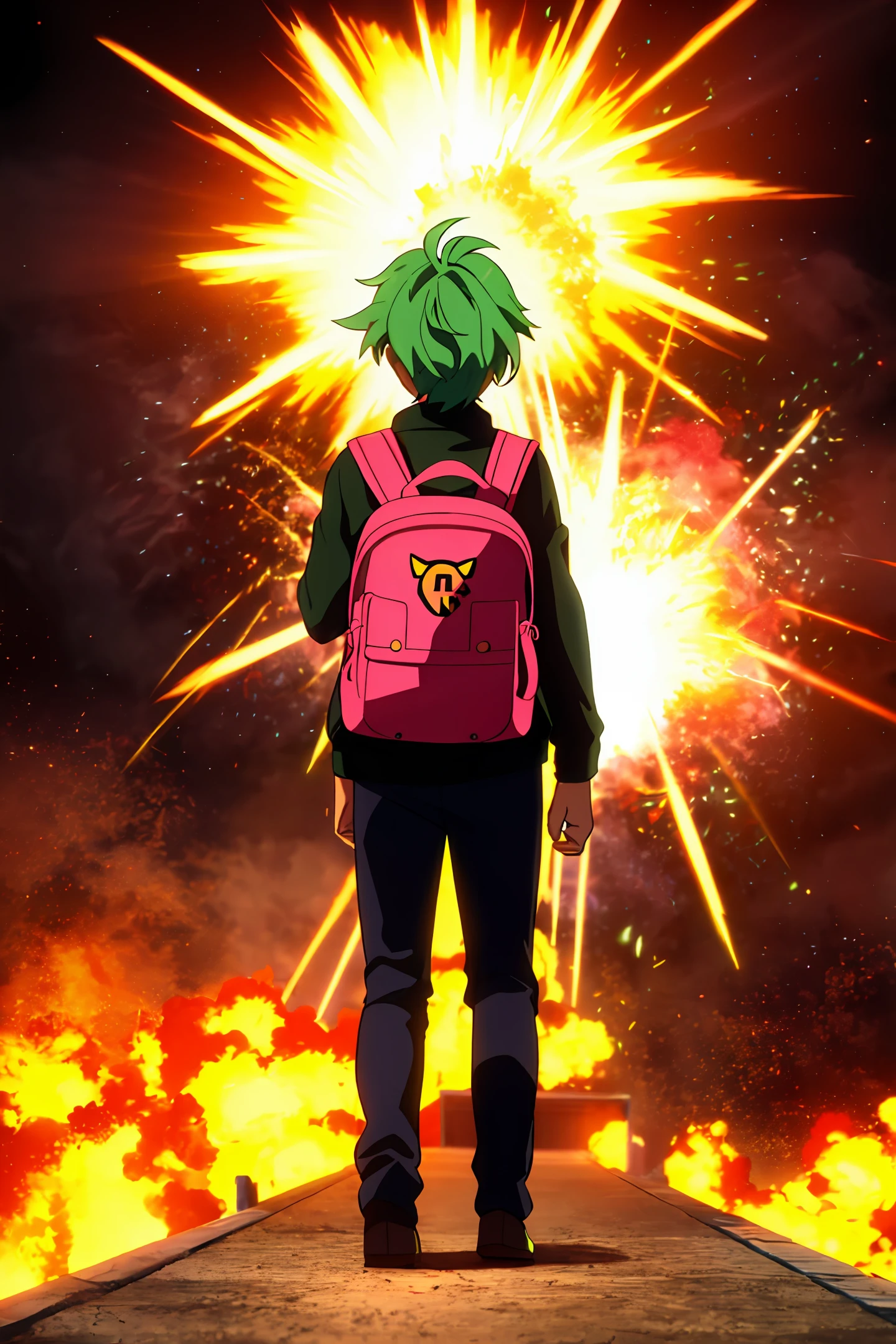 Child, 17 years old, boy, cat ears, green hair, ultra realistic HD full body image, a lot of explosions in the background forming TNT symbol, using an old backpack,