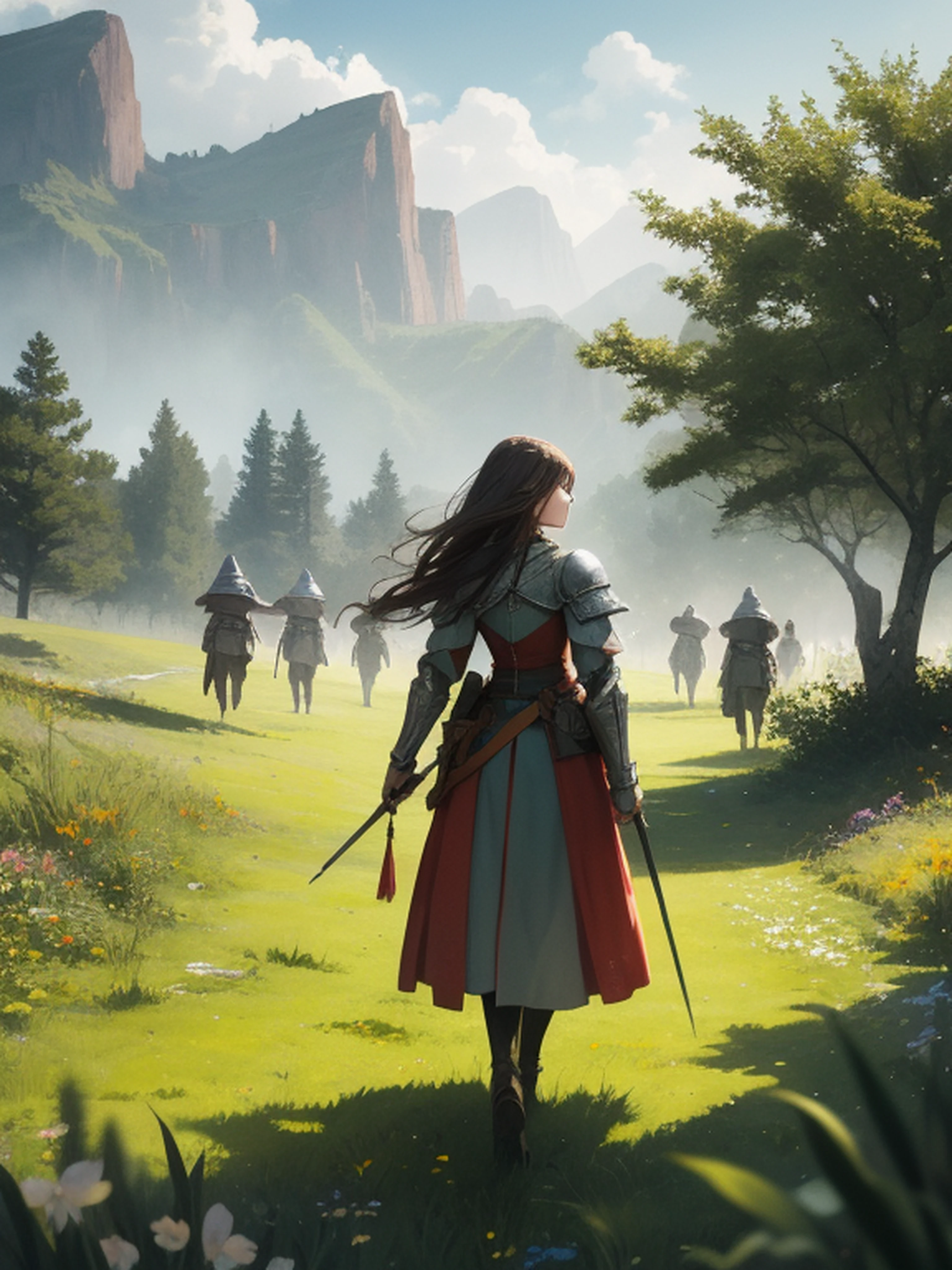 In a green meadow stands a girl leading a group of knights.
BREAK
With a brave expression, she guides them towards their destination.
BREAK
Behind her, a green forest stretches out and beyond that, mountains rise in the distance.
BREAK
The most suitable effect for this scene would be a watercolor painting technique to capture the softness of the meadow and the fluidity of the movement.